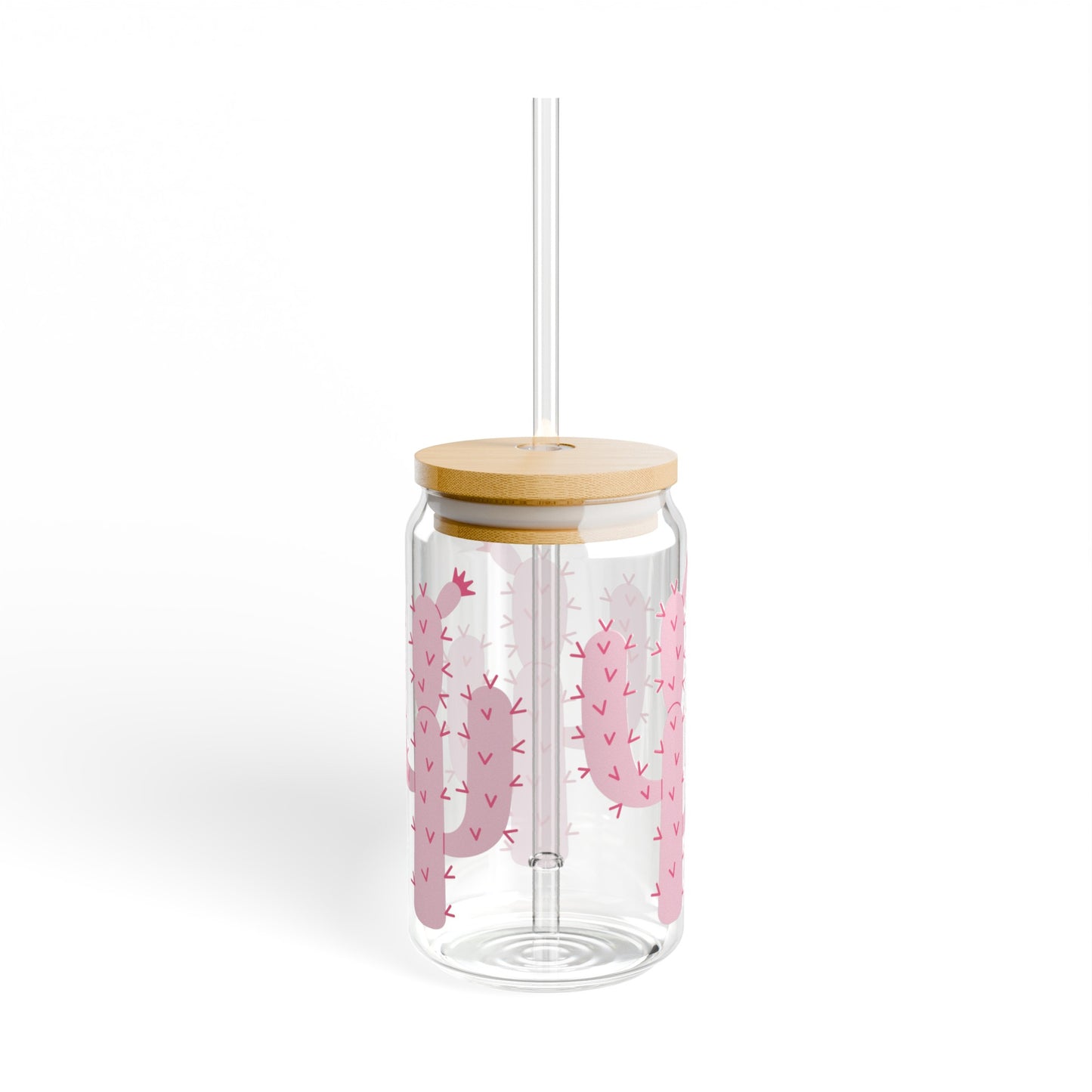 Pink Cactus 16oz Glass Can with Lid and Straw