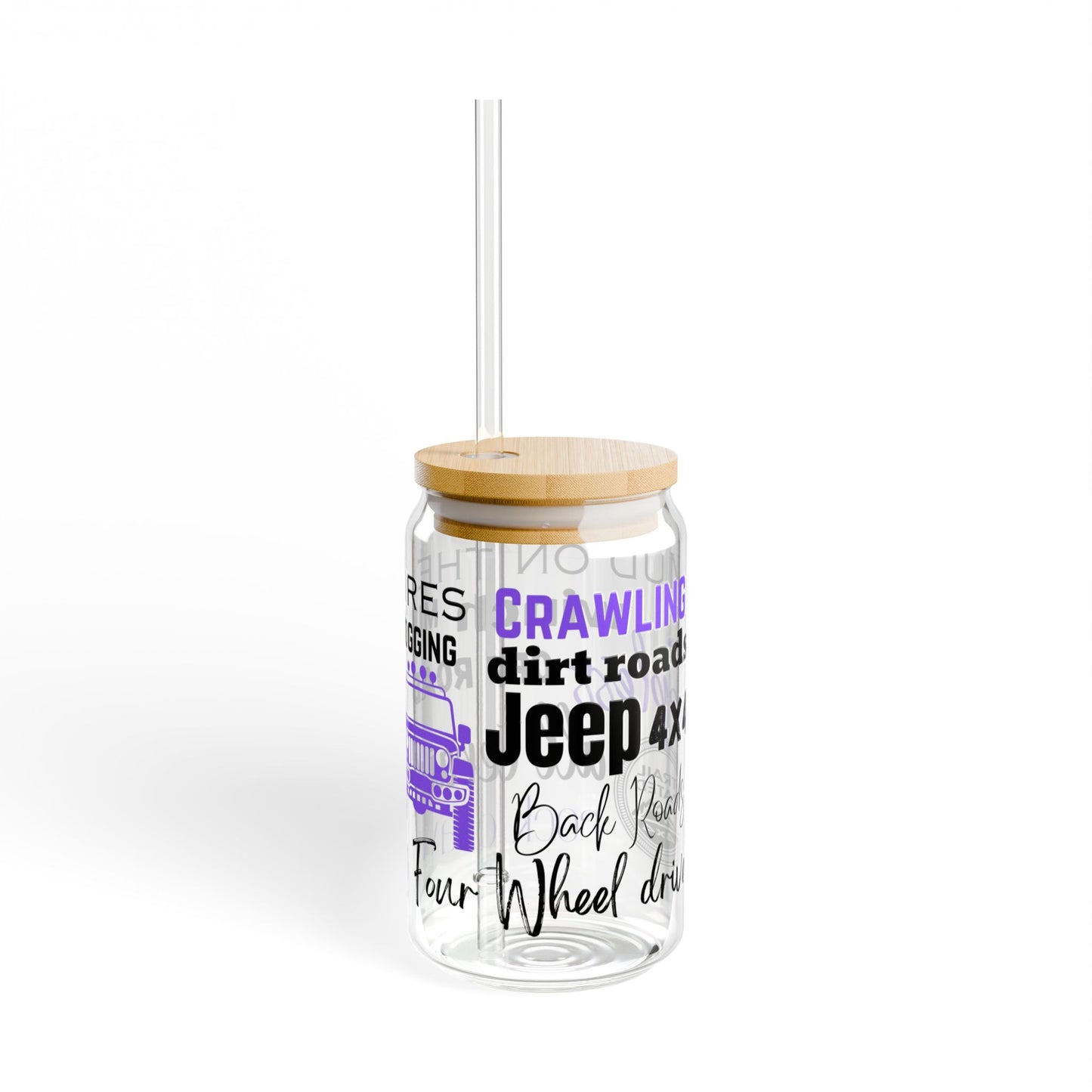 Purple Off Road 16oz Glass Can with Lid and Straw
