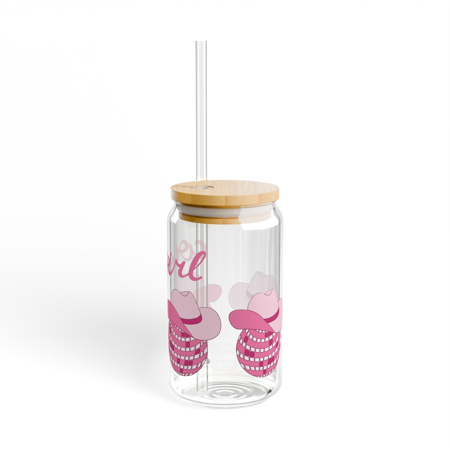 Cowgirl Disco Cowboy Hat 16oz Glass Can with Lid and Straw