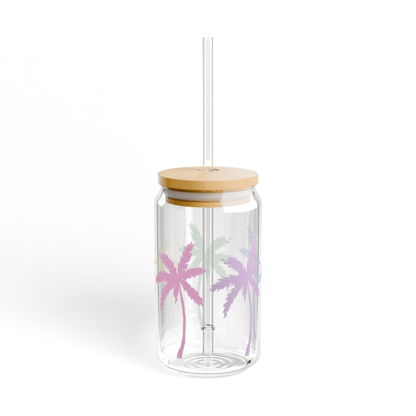 Pastel Palm Trees 16oz Glass Can with Lid and Straw