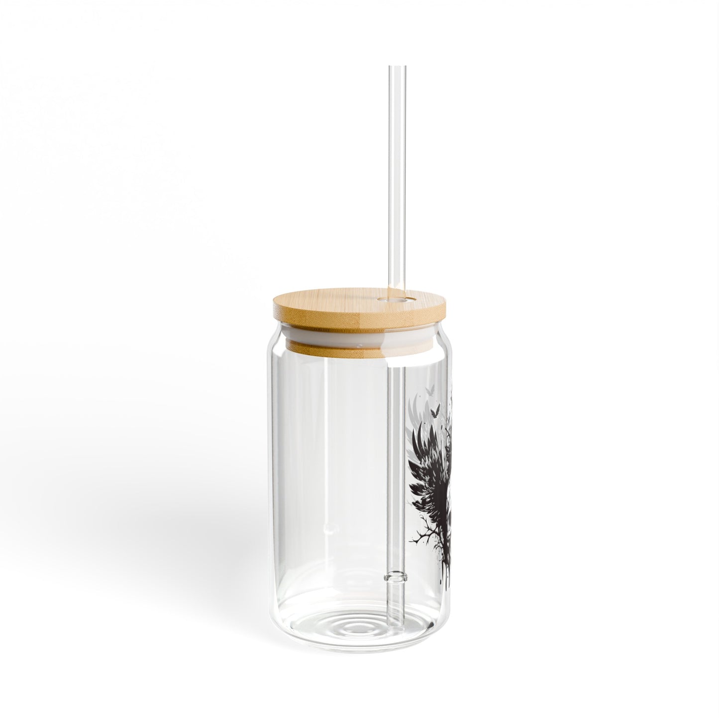 Skull and Wings 16oz Glass Can with Lid and Straw