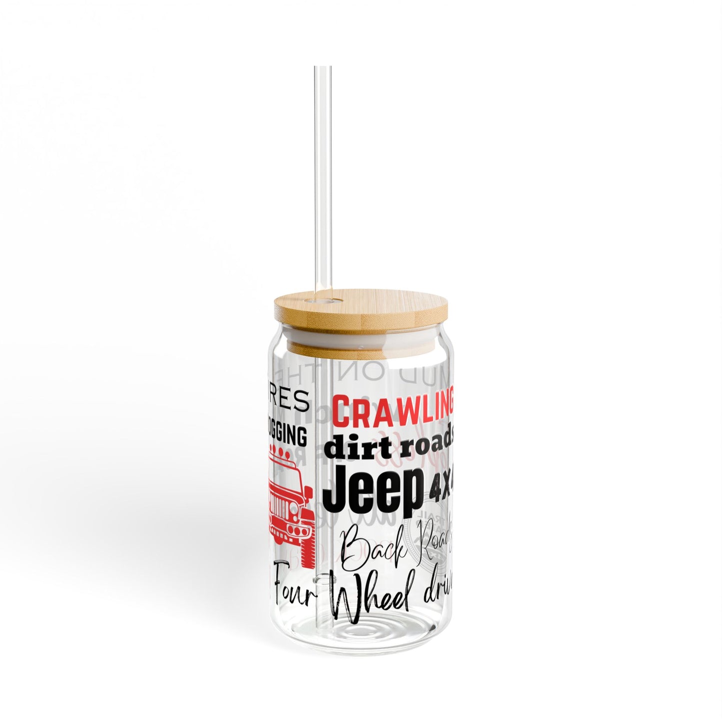 Red Off Road 16oz Glass Can with Lid and Straw
