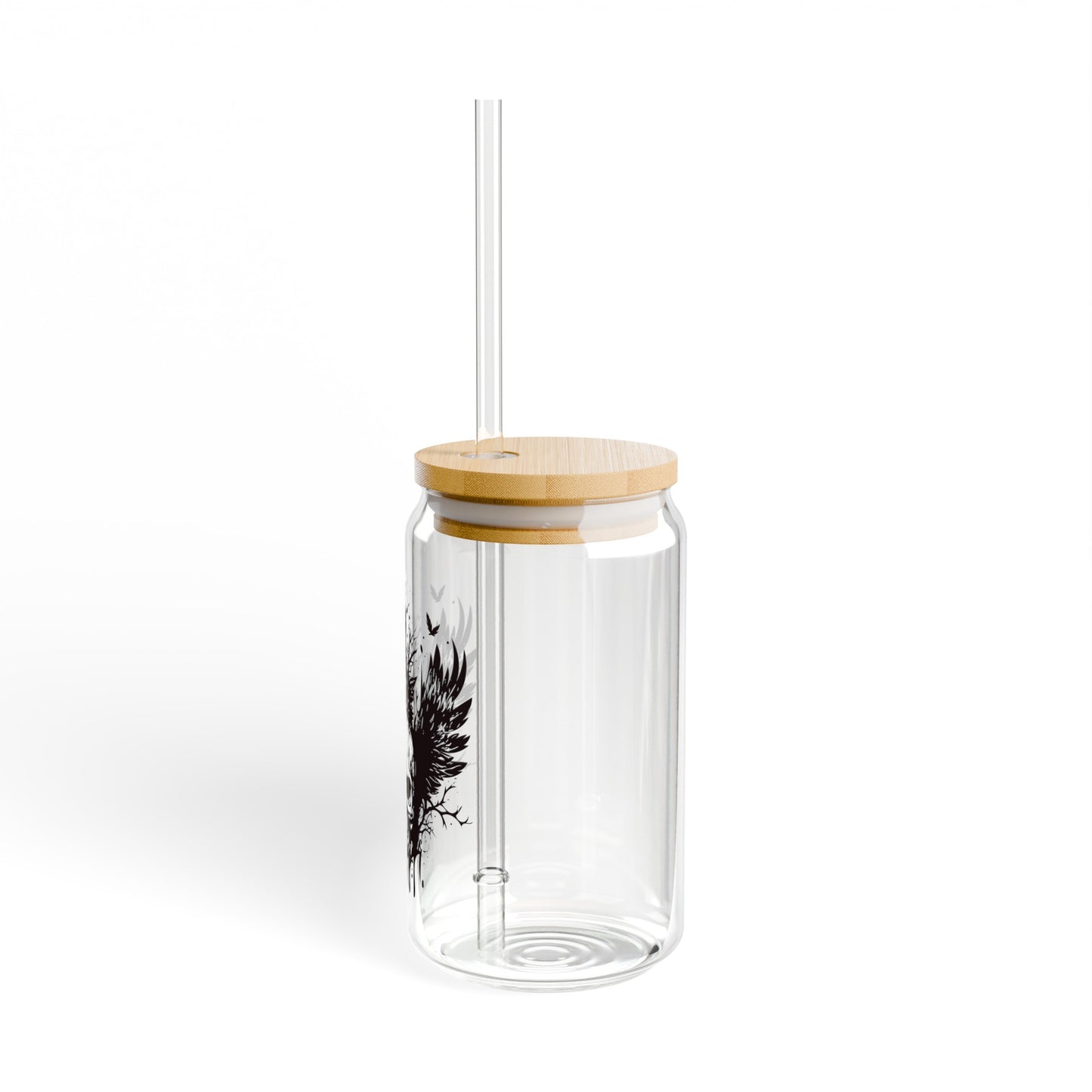 Skull and Wings 16oz Glass Can with Lid and Straw