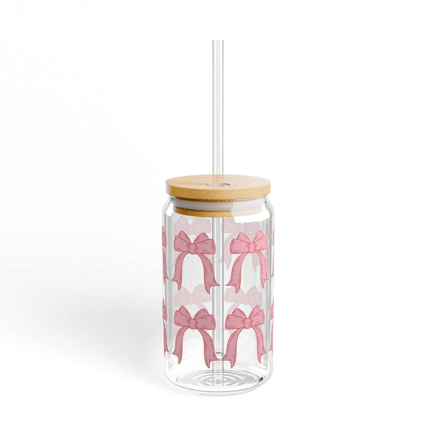 Pink Bow Wrap Around 16oz Glass Can with Lid and Straw