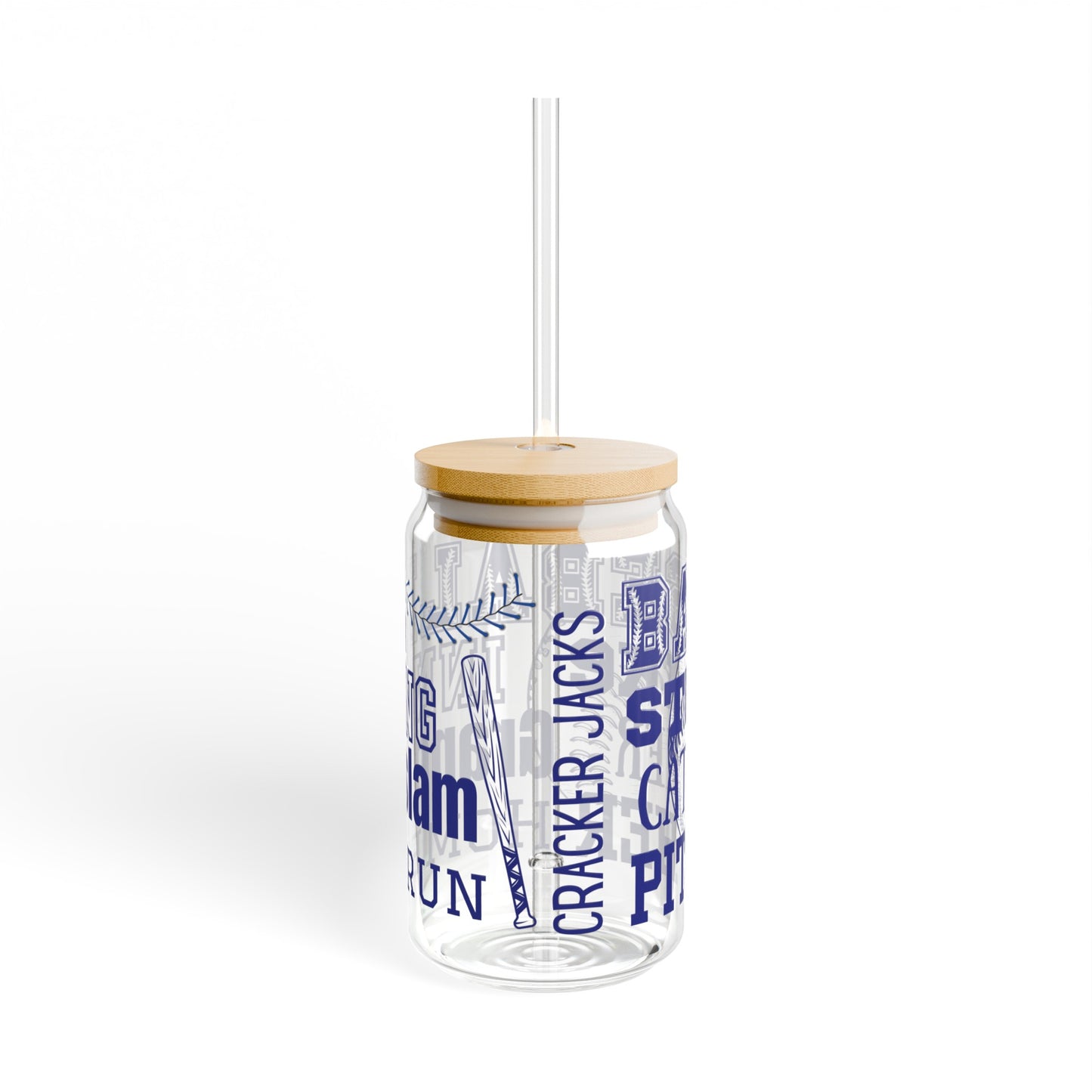 Baseball 16oz Glass Can with Lid and Straw