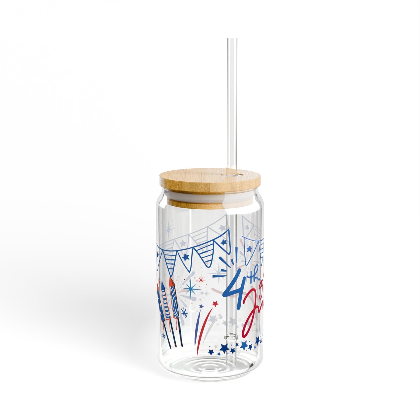 Forth of July Road 16oz Glass Can with Lid and Straw