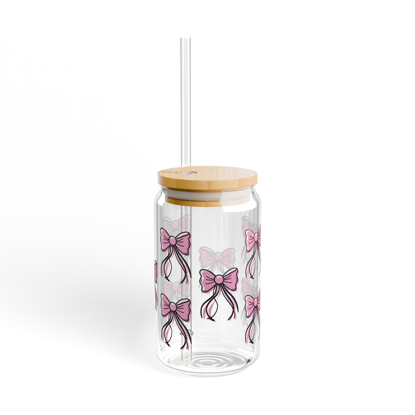 Pink Bows 16oz Glass Can with Lid and Straw