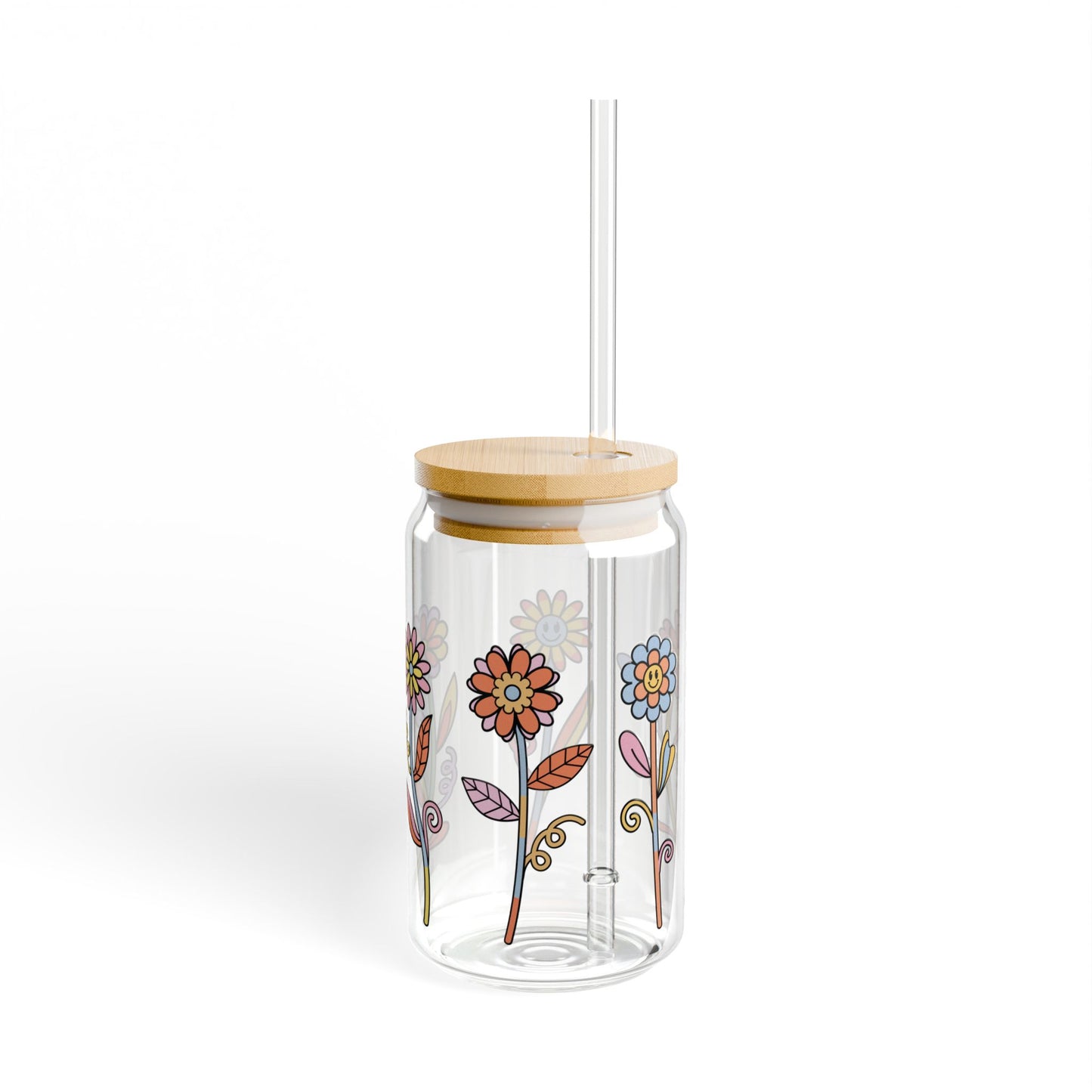 Cute Flower 16oz Glass Can with Lid and Straw