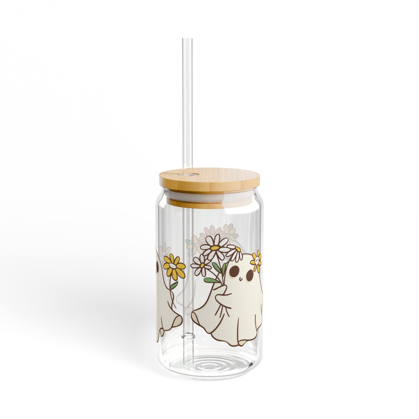 Yellow Flower Ghost 16oz Glass Can with Lid and Straw