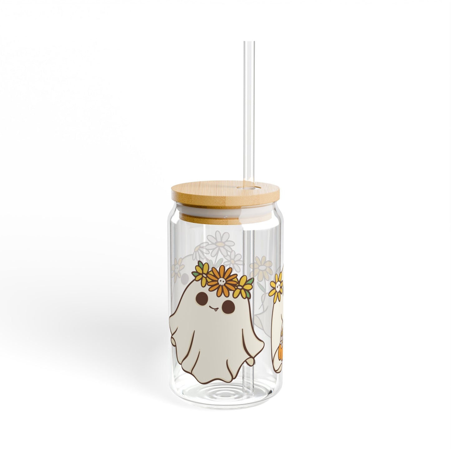 Yellow Flower Ghost 16oz Glass Can with Lid and Straw