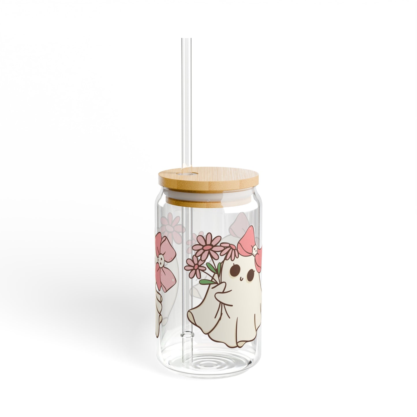Pink Flower Ghost 16oz Glass Can with Lid and Straw