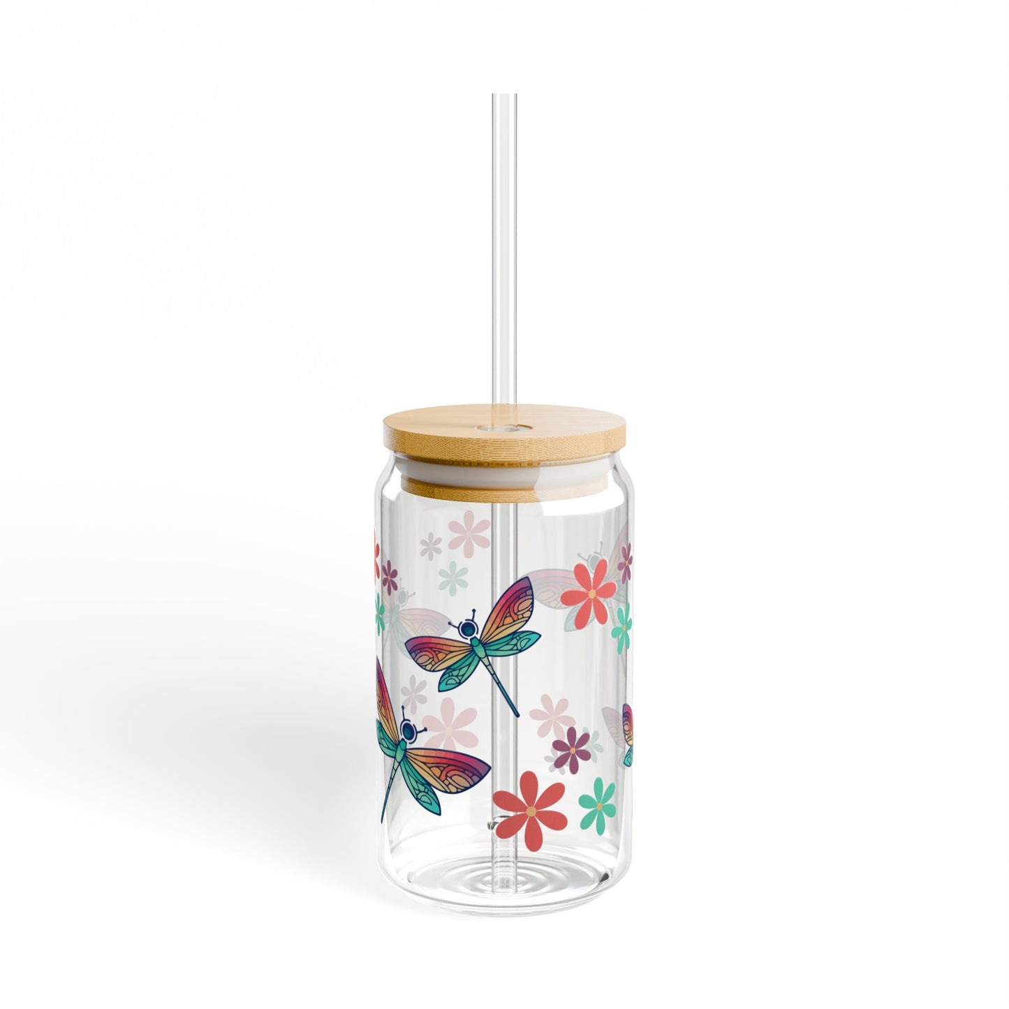 Dragonfly Flower 16oz Glass Can with Lid and Straw