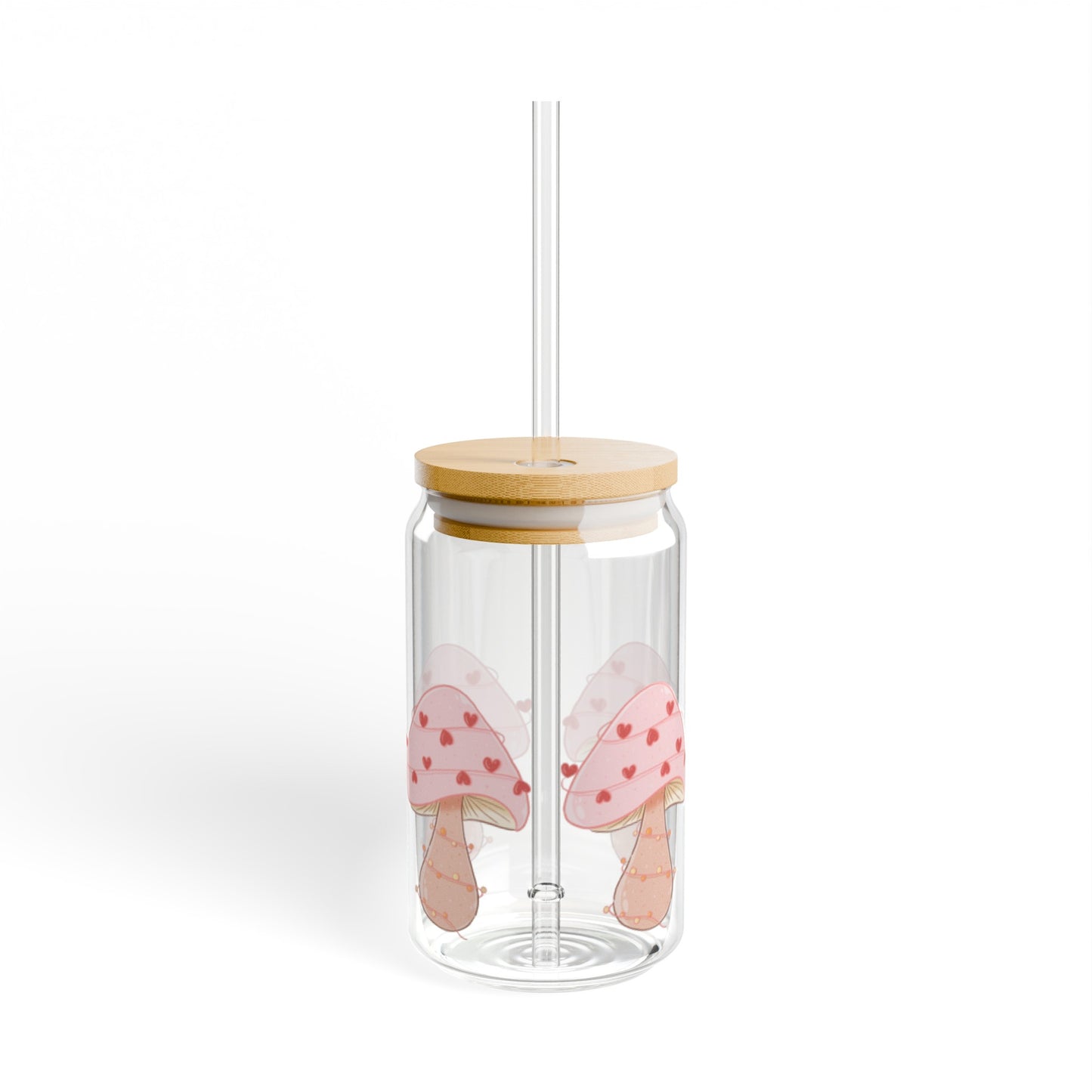 Pink Mushrooms 16oz Glass Can with Lid and Straw