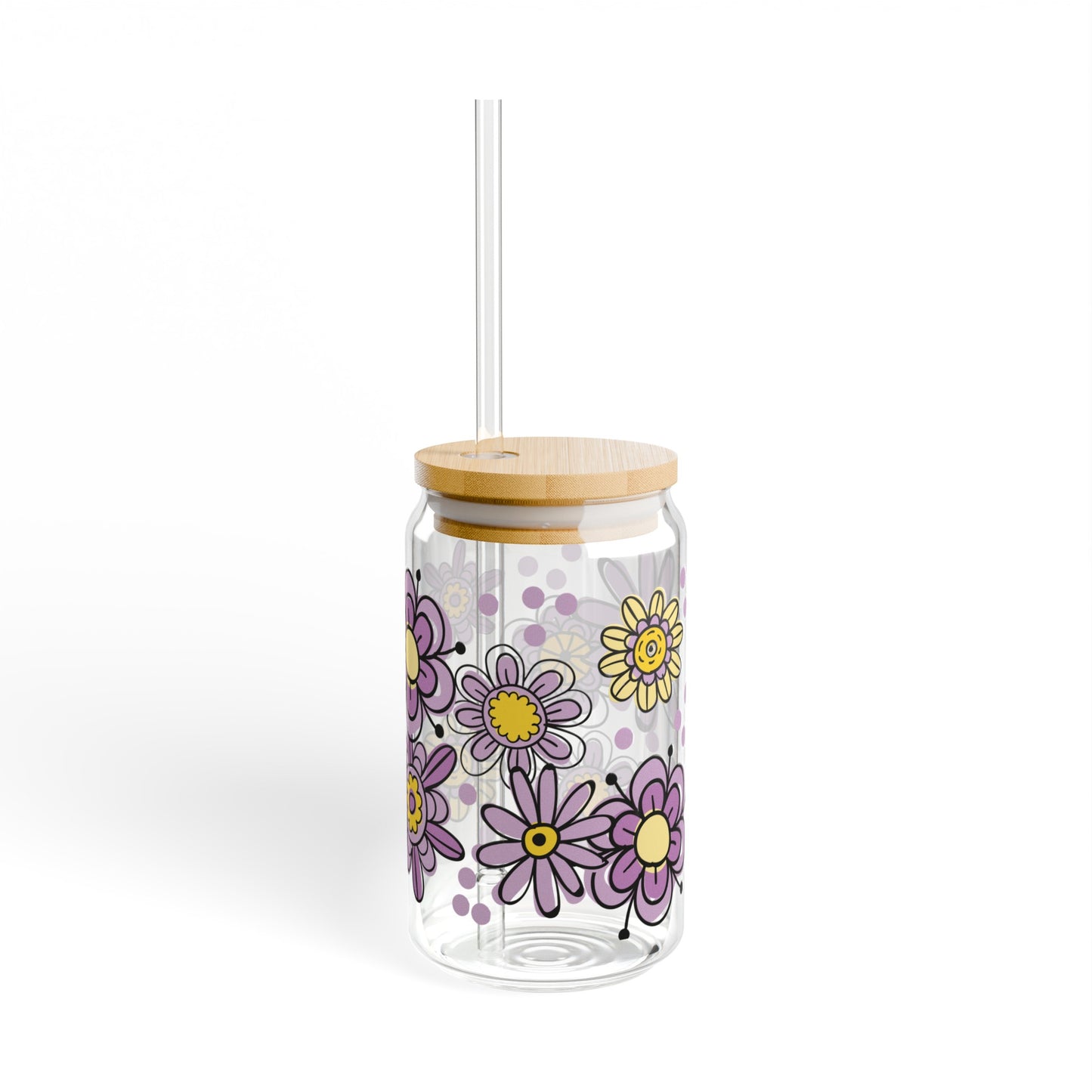 Flowers and Polka Dots 16oz Glass Can with Lid and Straw