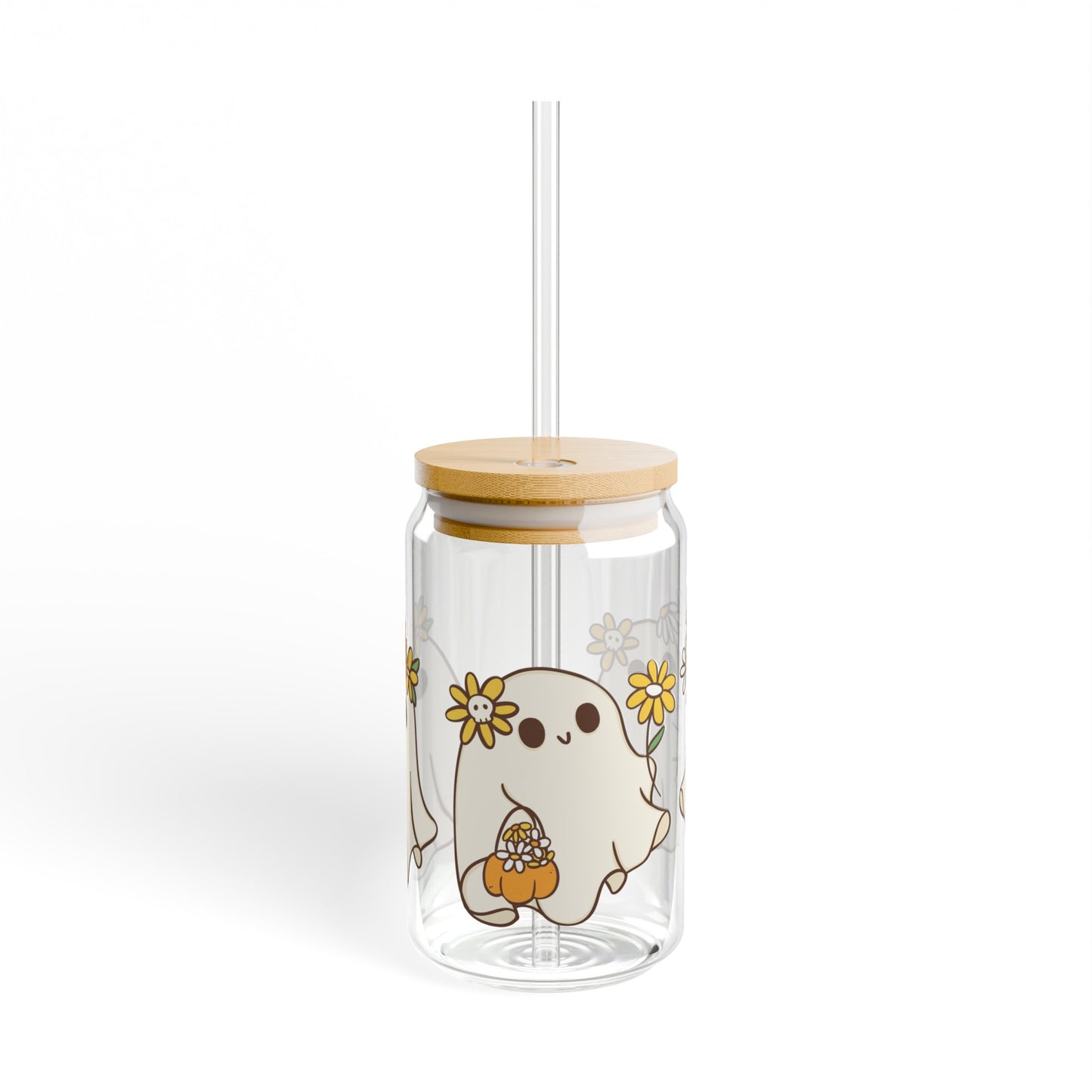 Yellow Flower Ghost 16oz Glass Can with Lid and Straw