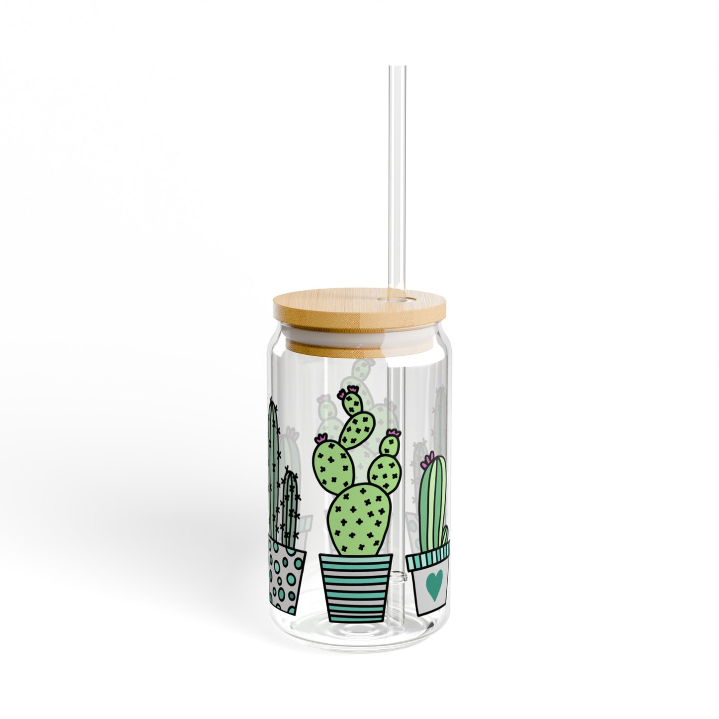 Cute Cactus 16oz Glass Can with Lid and Straw