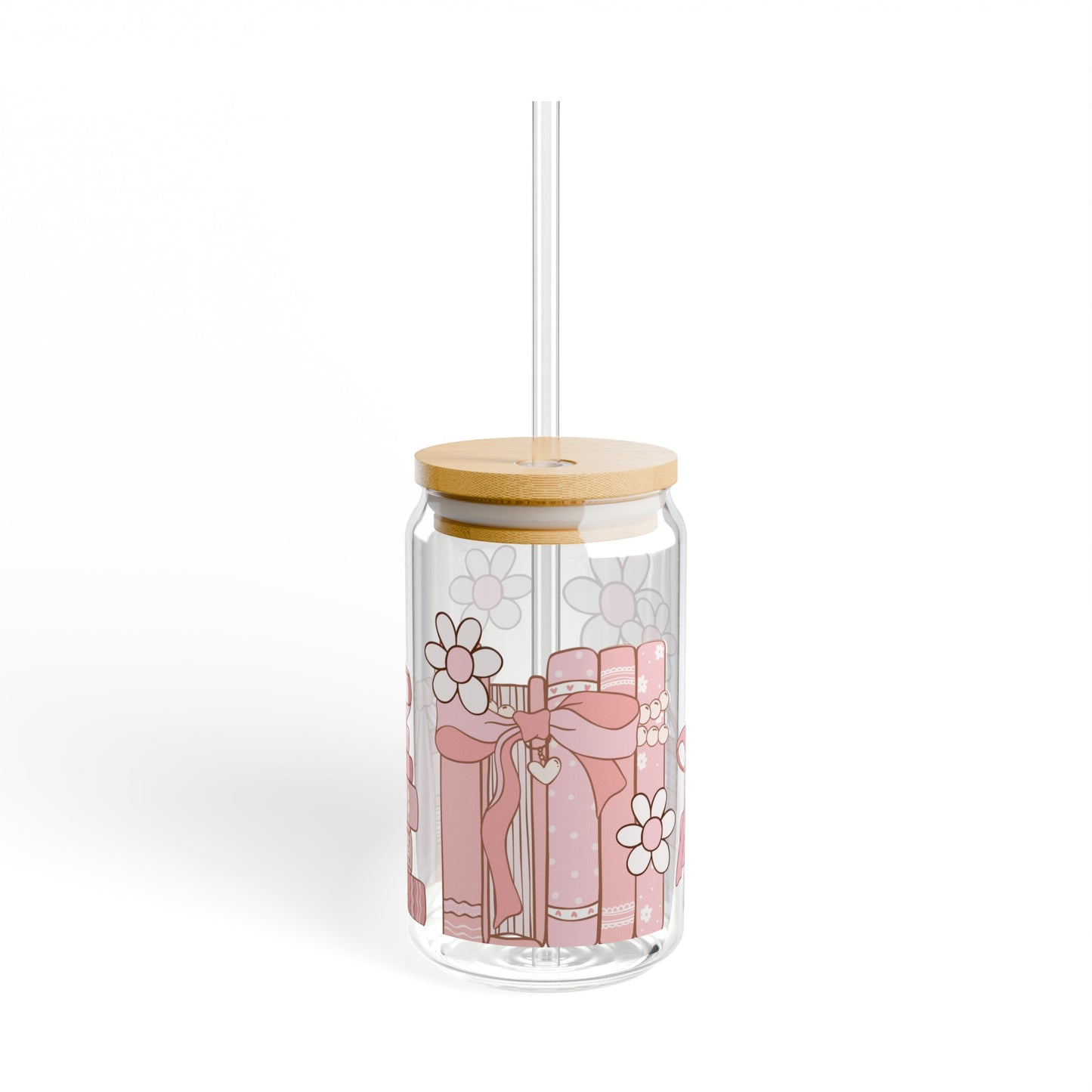 Pink Book Lover 16oz Glass Can with Lid and Straw