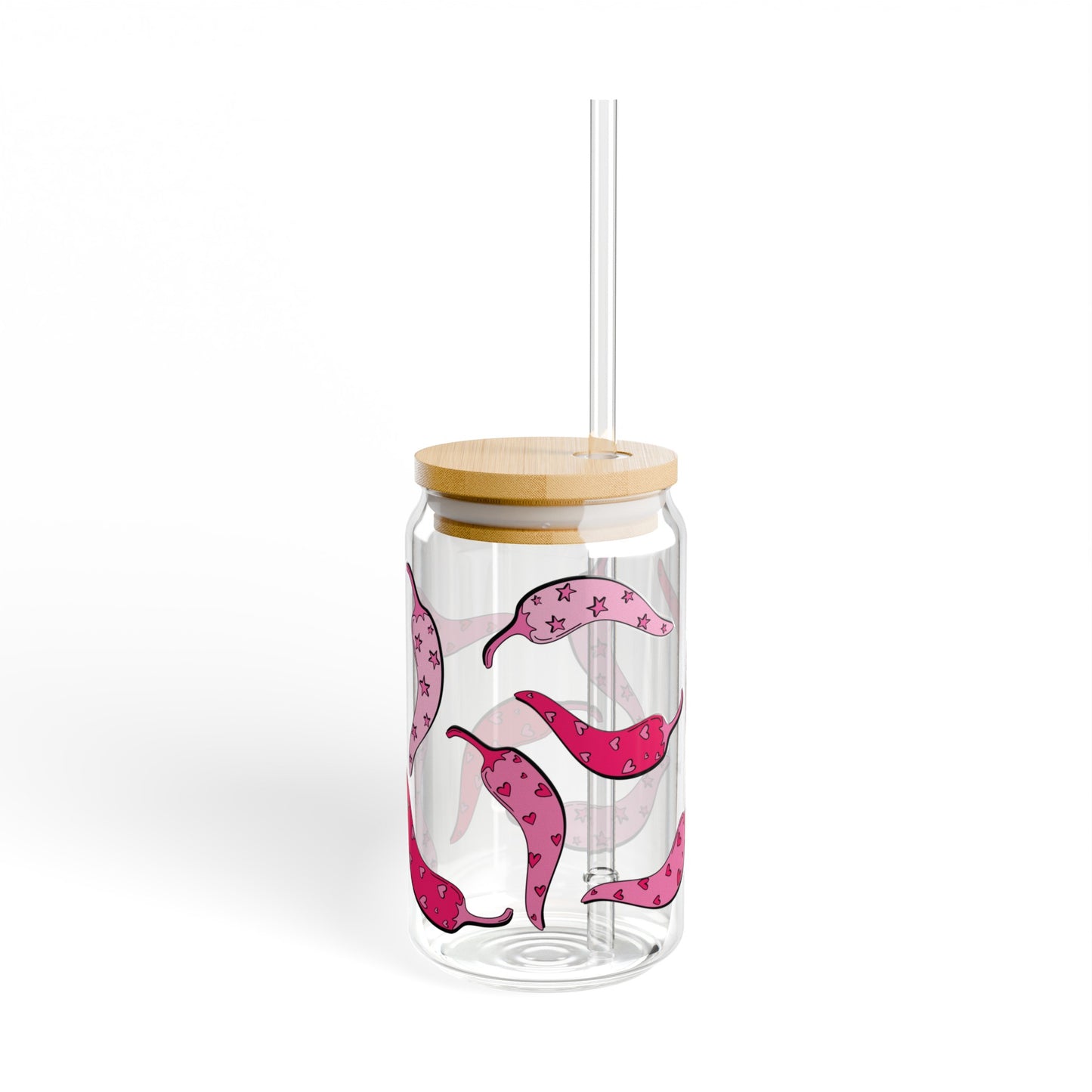 Pink Chili Peppers 16oz Glass Can with Lid and Straw