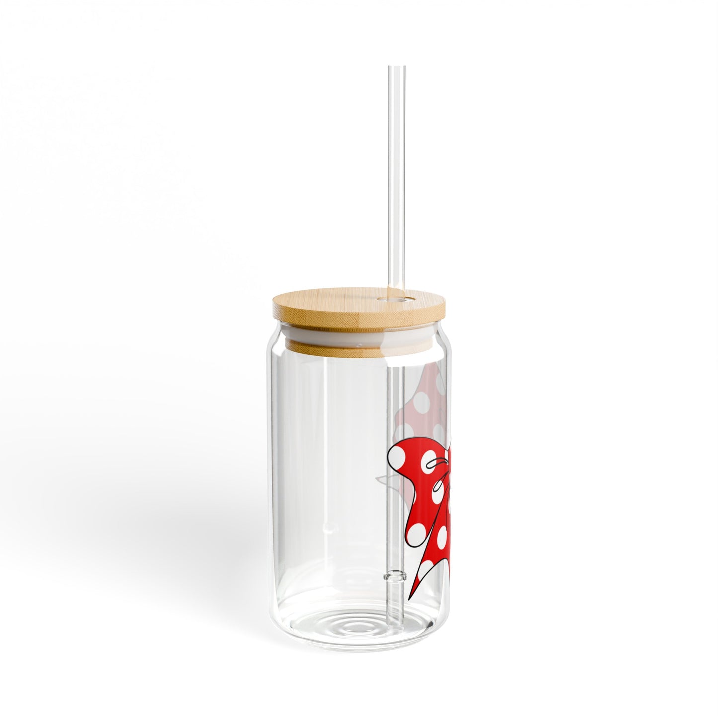Red Polka Dot Bow 16oz Glass Can with Lid and Straw