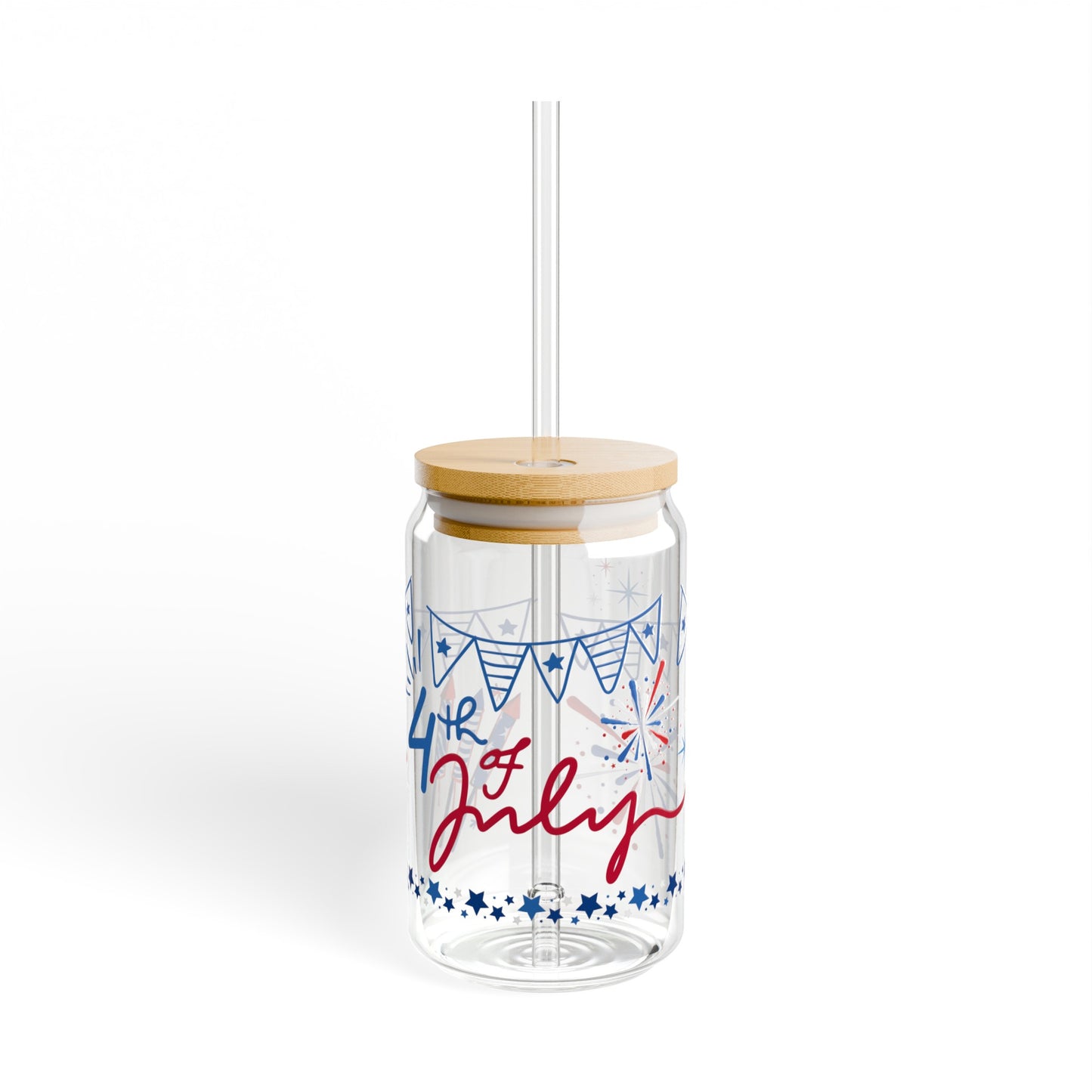 Forth of July Road 16oz Glass Can with Lid and Straw