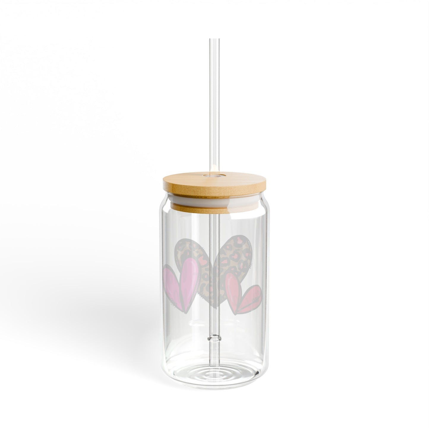 Cute Hearts 16oz Glass Can with Lid and Straw