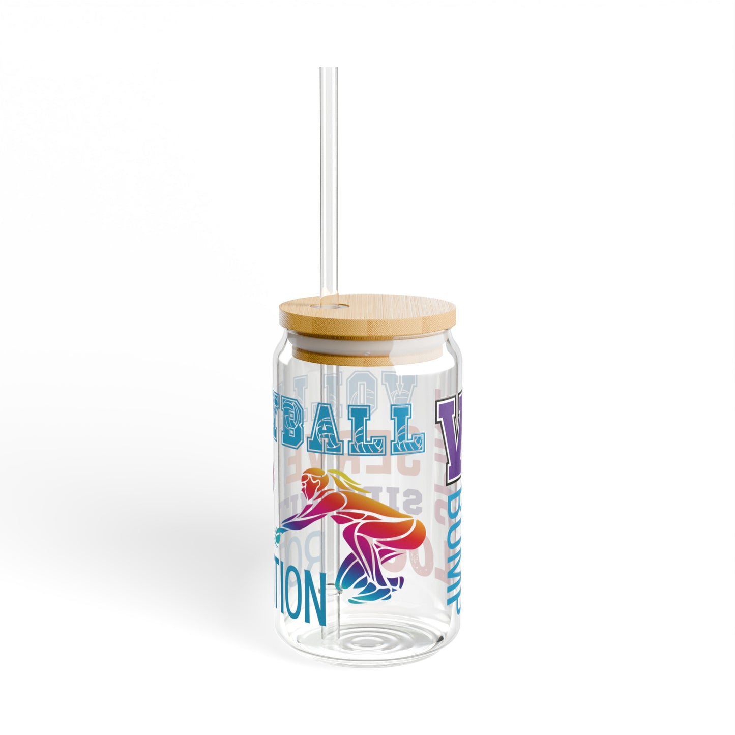 Volleyball 16oz Glass Can with Lid and Straw