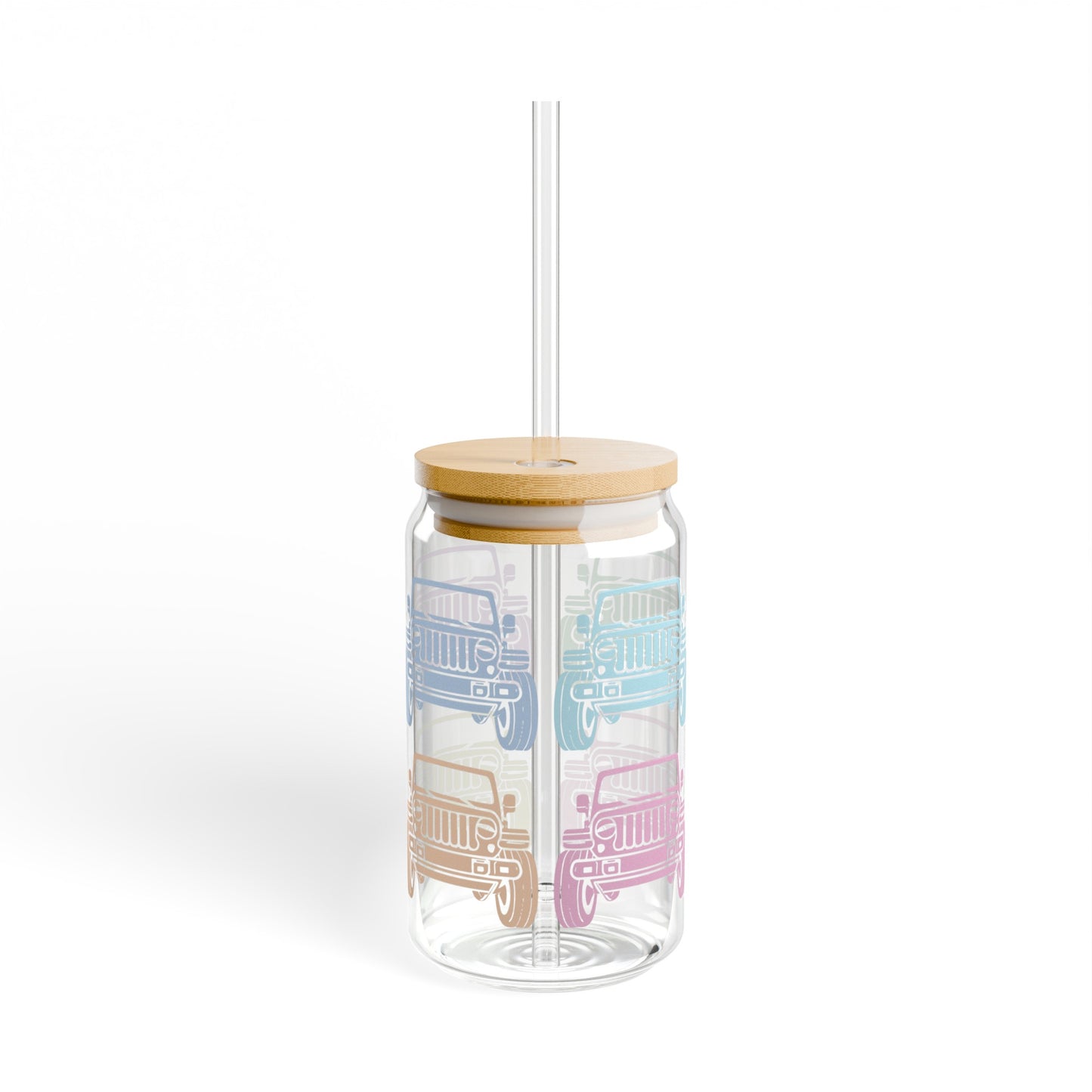 Pastel Jeeps 16oz Glass Can with Lid and Straw