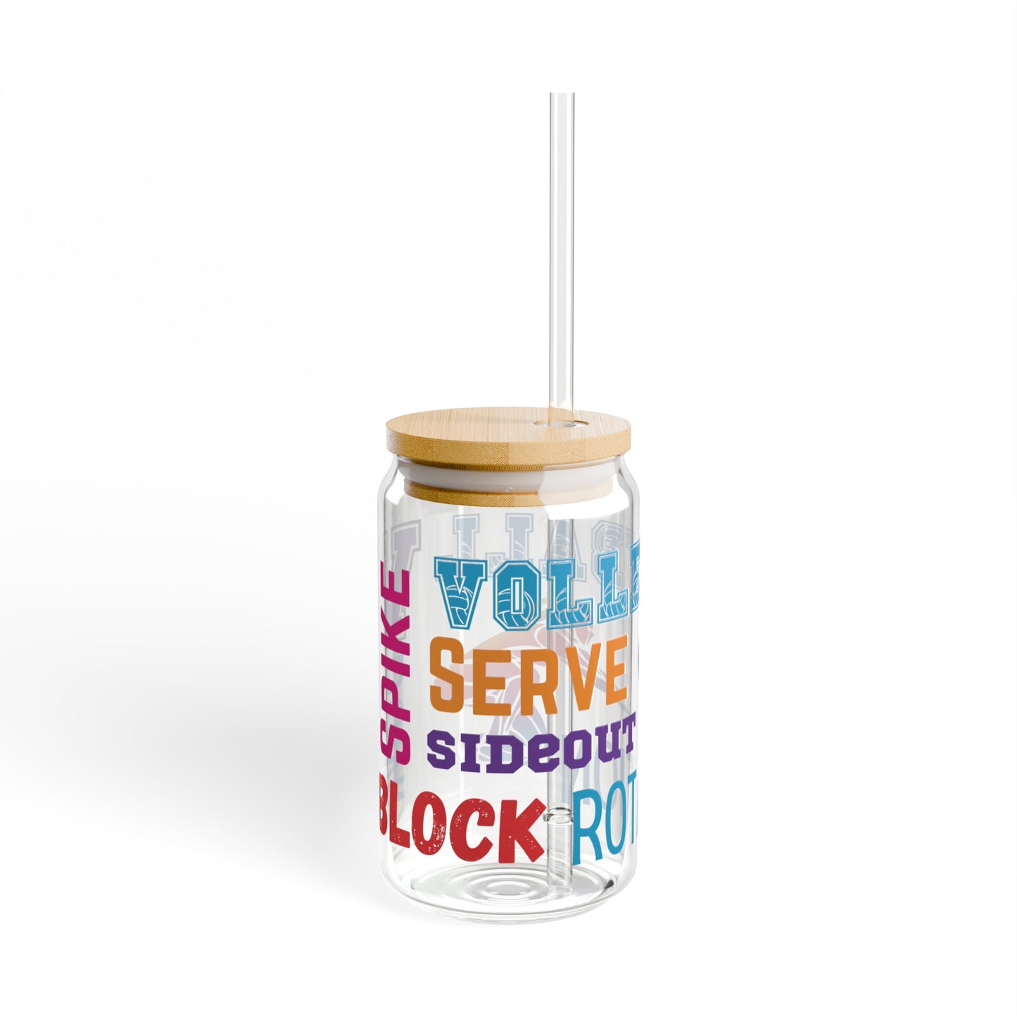 Volleyball 16oz Glass Can with Lid and Straw