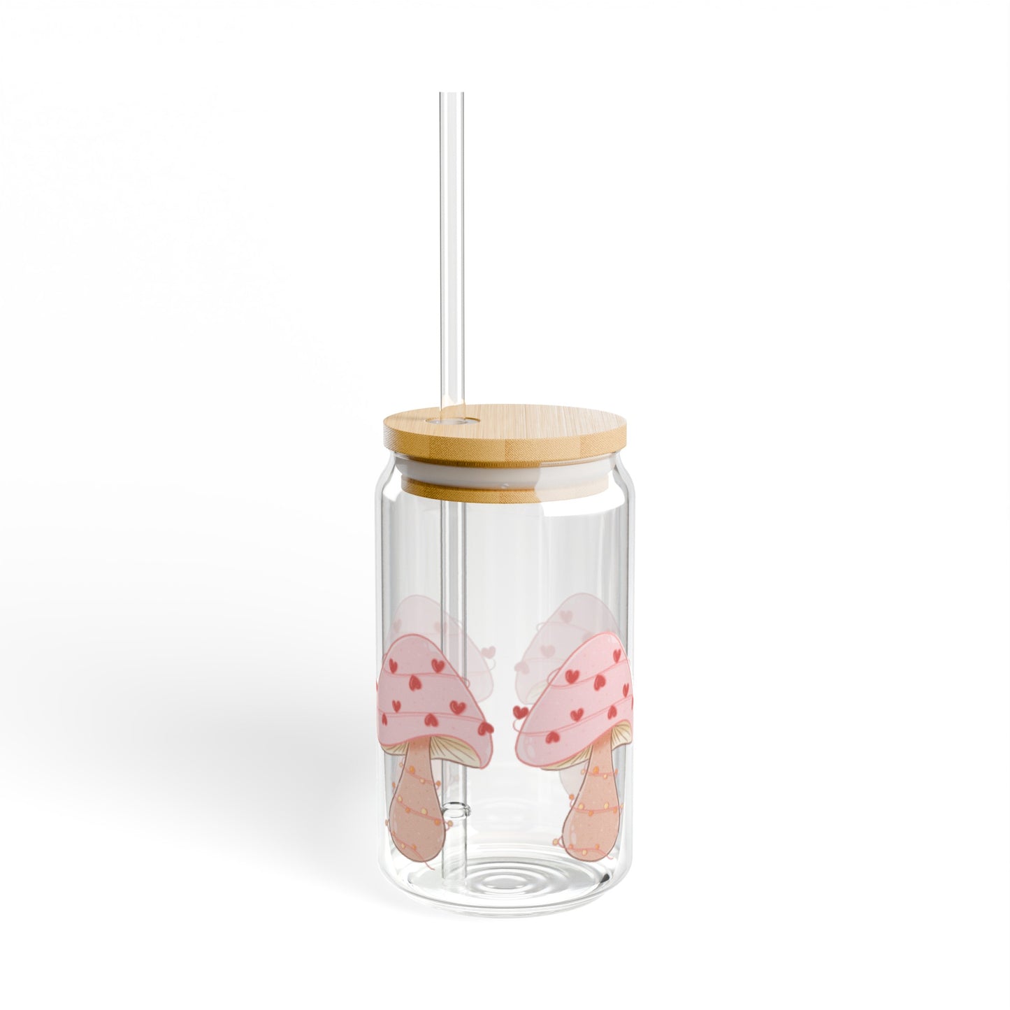 Pink Mushrooms 16oz Glass Can with Lid and Straw