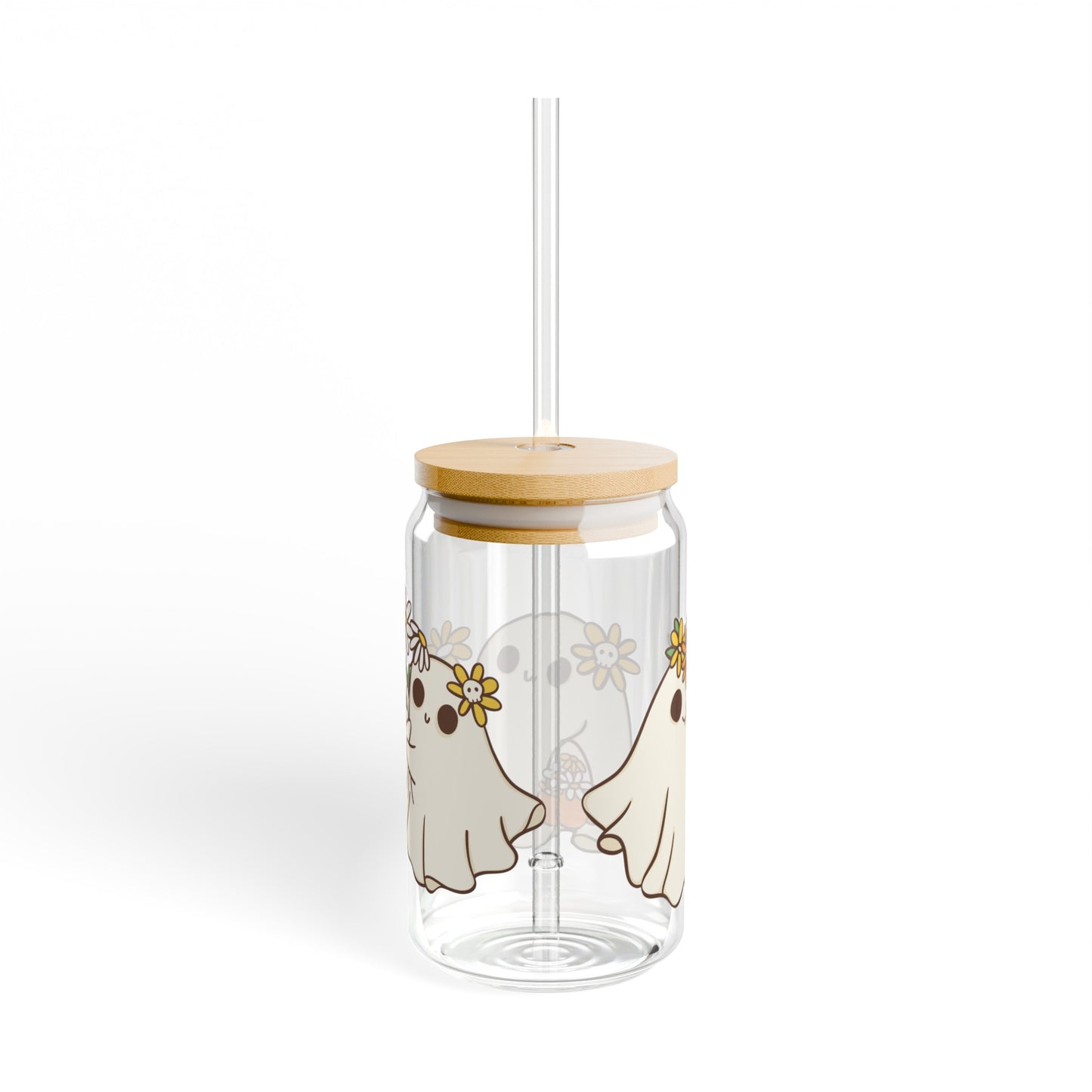 Yellow Flower Ghost 16oz Glass Can with Lid and Straw