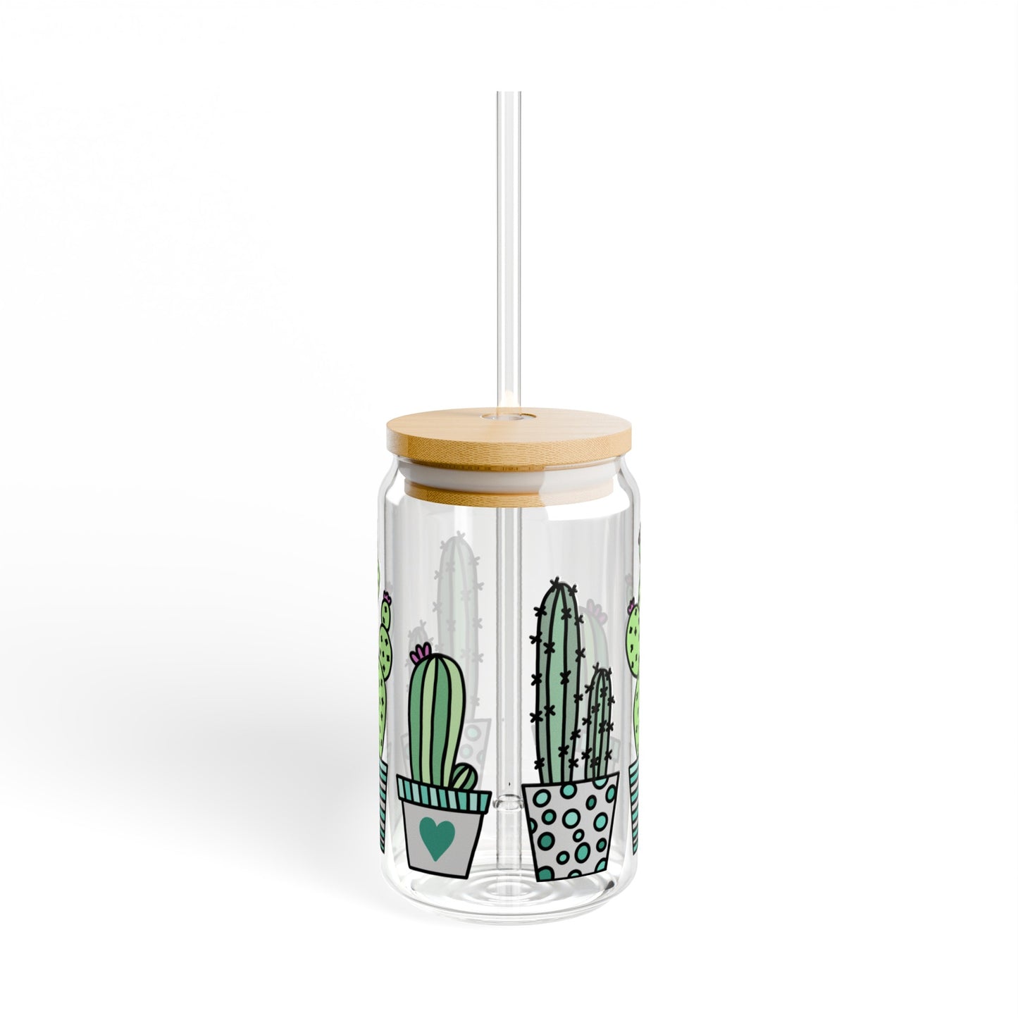 Cute Cactus 16oz Glass Can with Lid and Straw