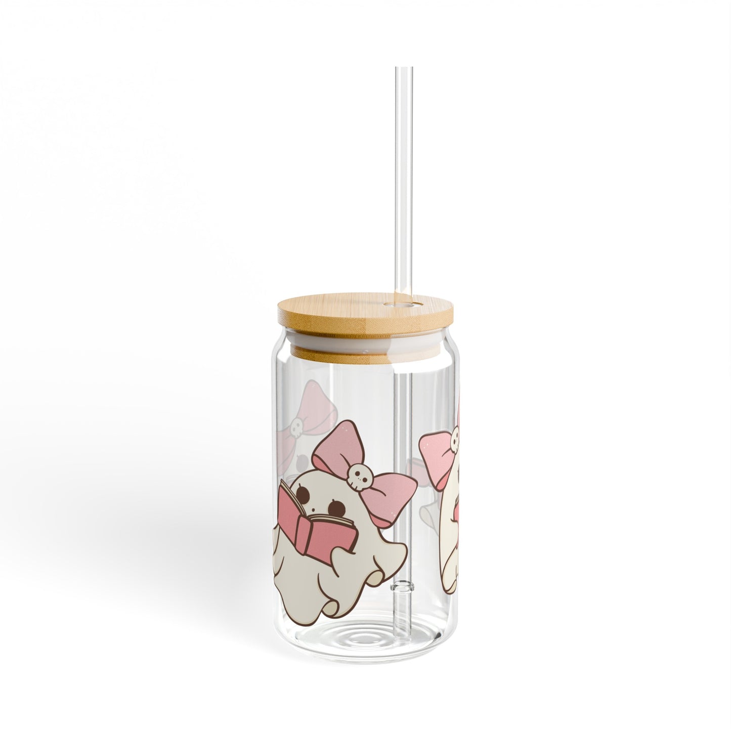 Pink Book Ghost 16oz Glass Can with Lid and Straw