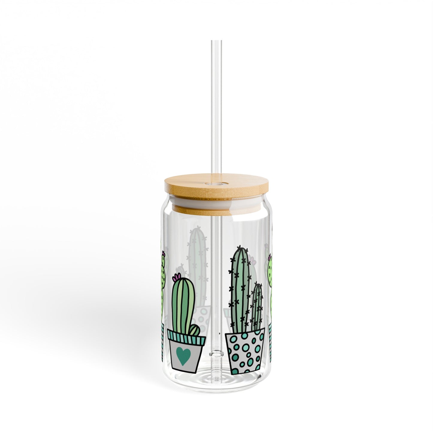 Cute Cactus 16oz Glass Can with Lid and Straw
