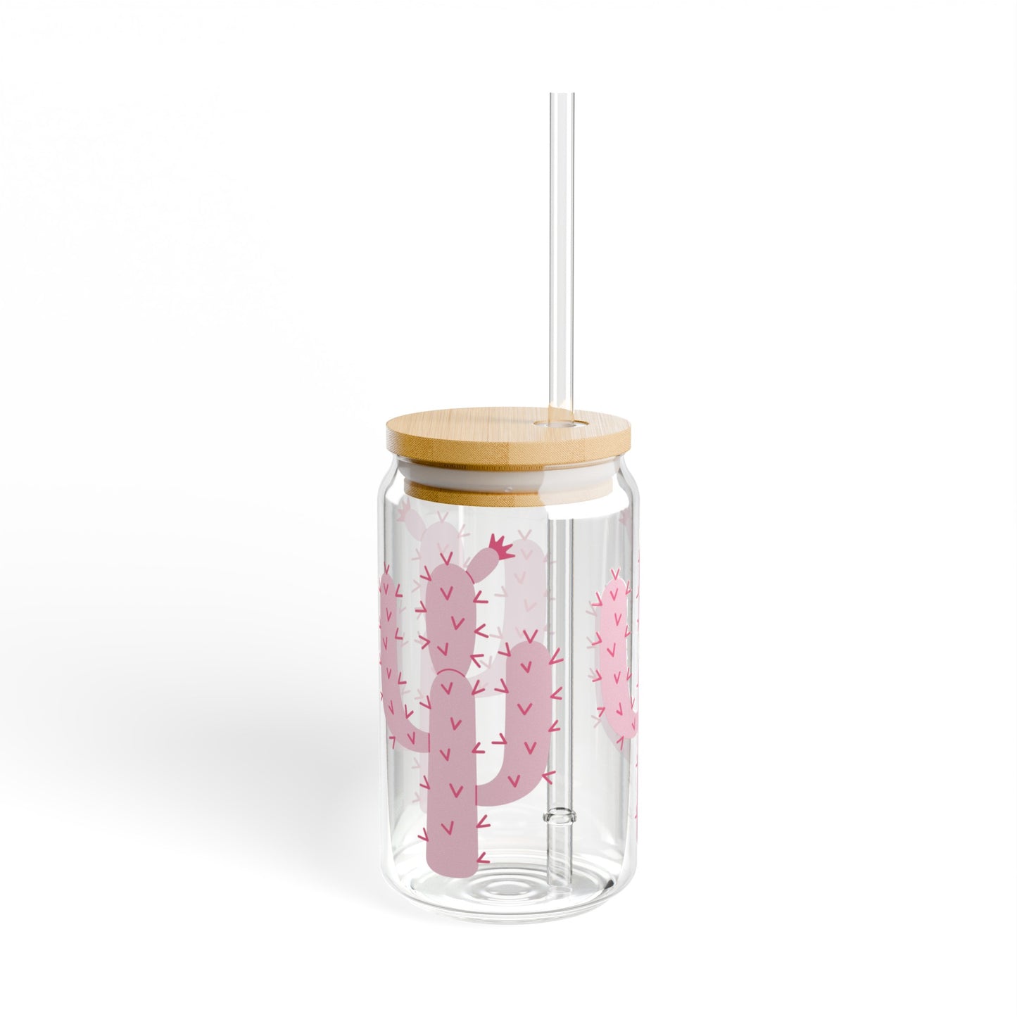 Pink Cactus 16oz Glass Can with Lid and Straw