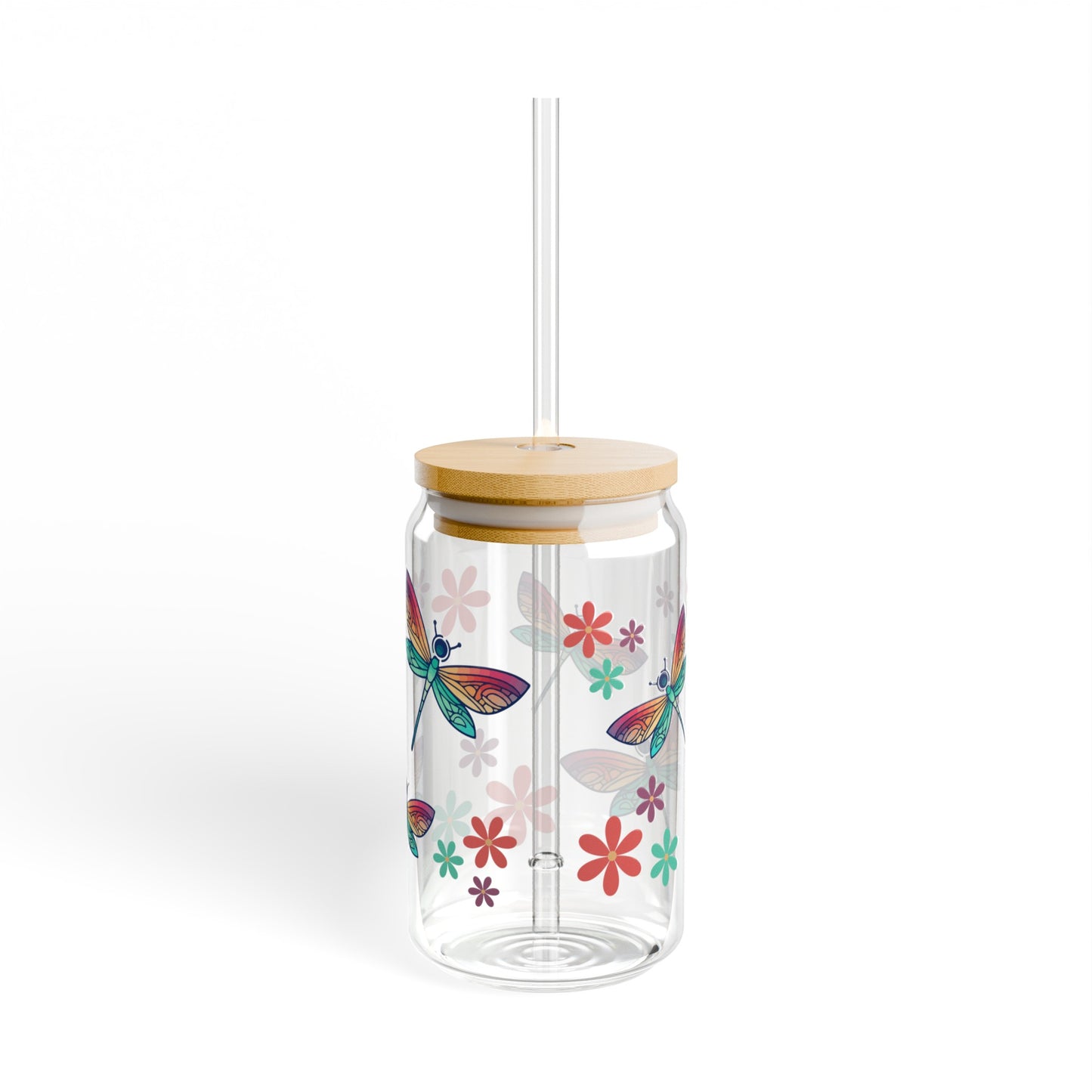 Dragonfly Flower 16oz Glass Can with Lid and Straw