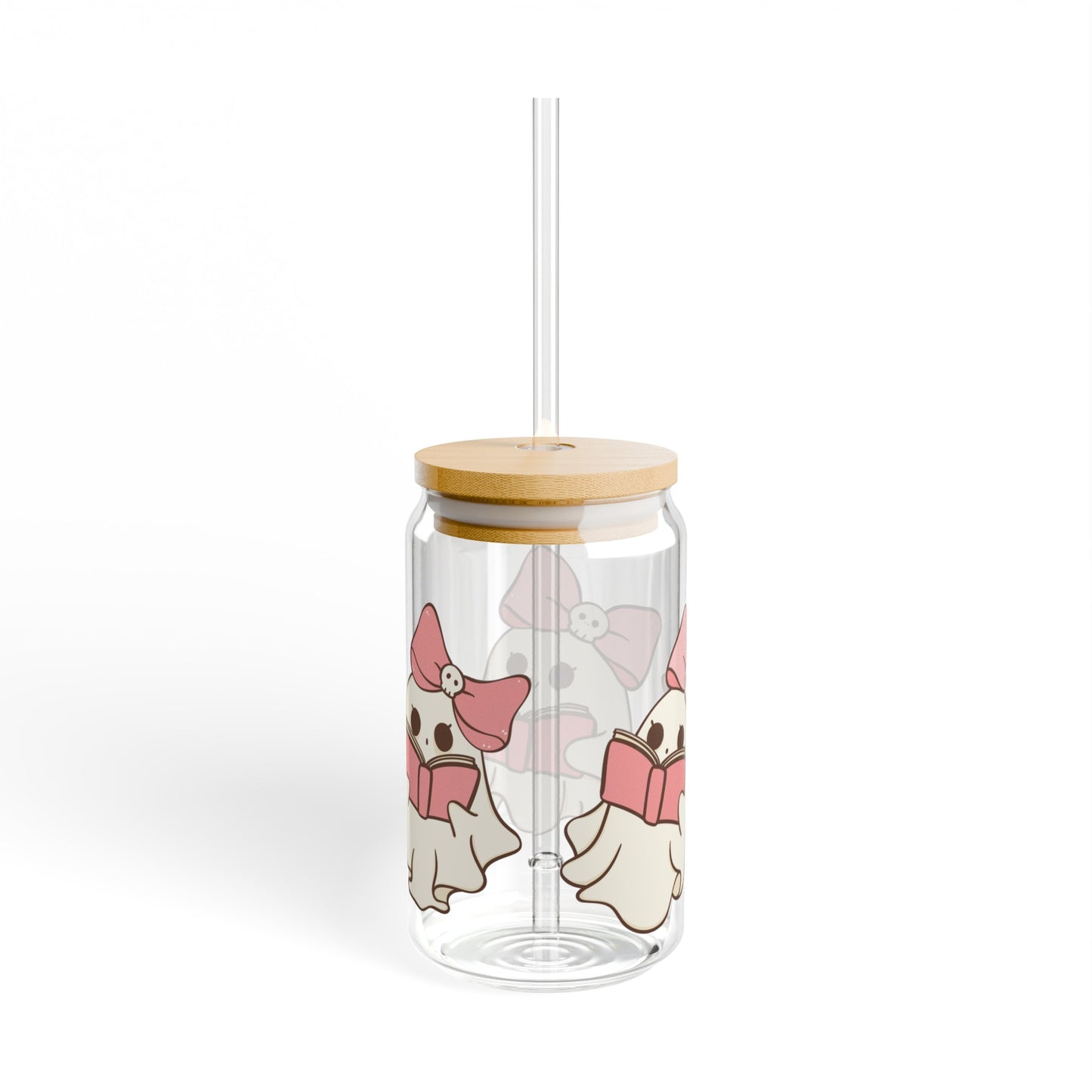 Pink Book Ghost 16oz Glass Can with Lid and Straw