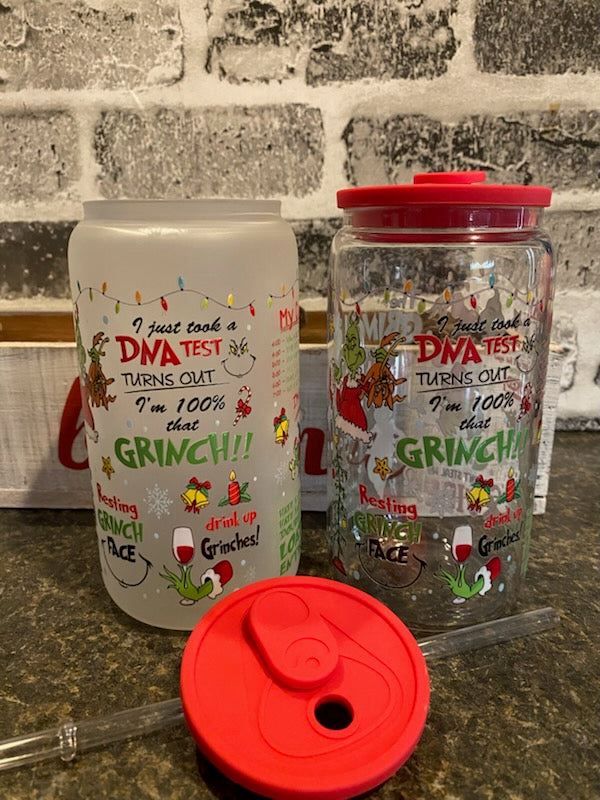 Grinchmas 16oz Glass Can with Red Silicone Lid and Glass Straw