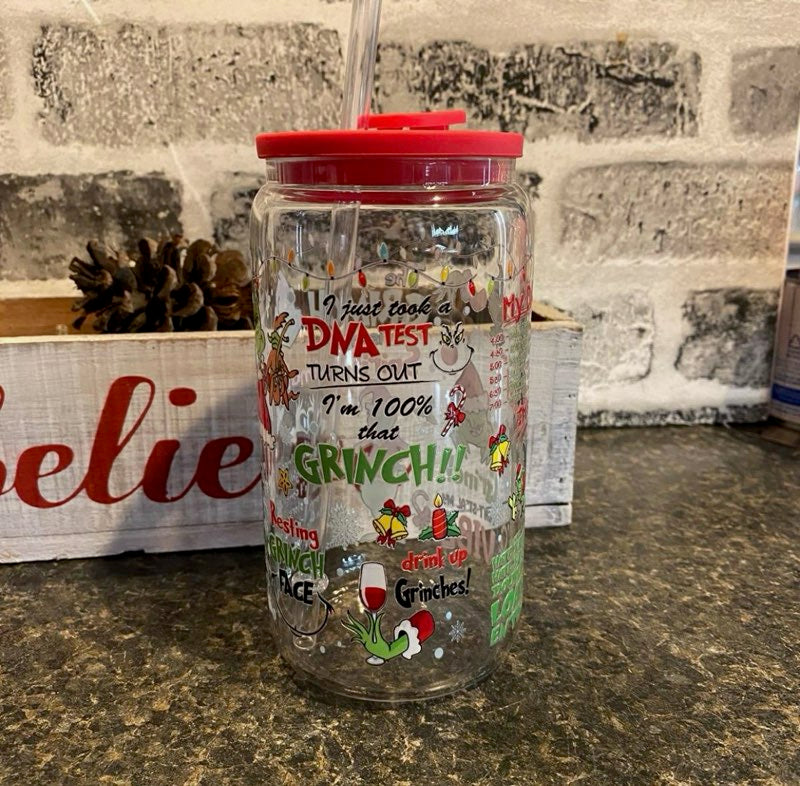 Grinchmas 16oz Glass Can with Red Silicone Lid and Glass Straw