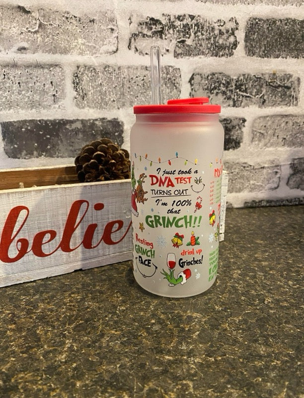 Grinchmas 16oz Glass Can with Red Silicone Lid and Glass Straw
