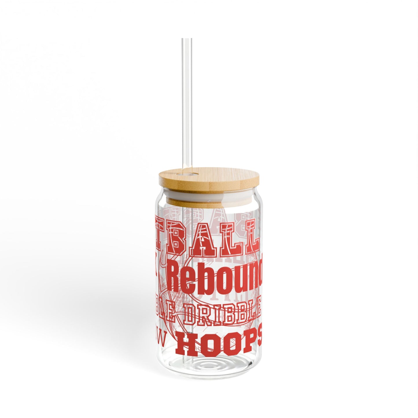 Basketball 16oz Glass Can with Lid and Straw