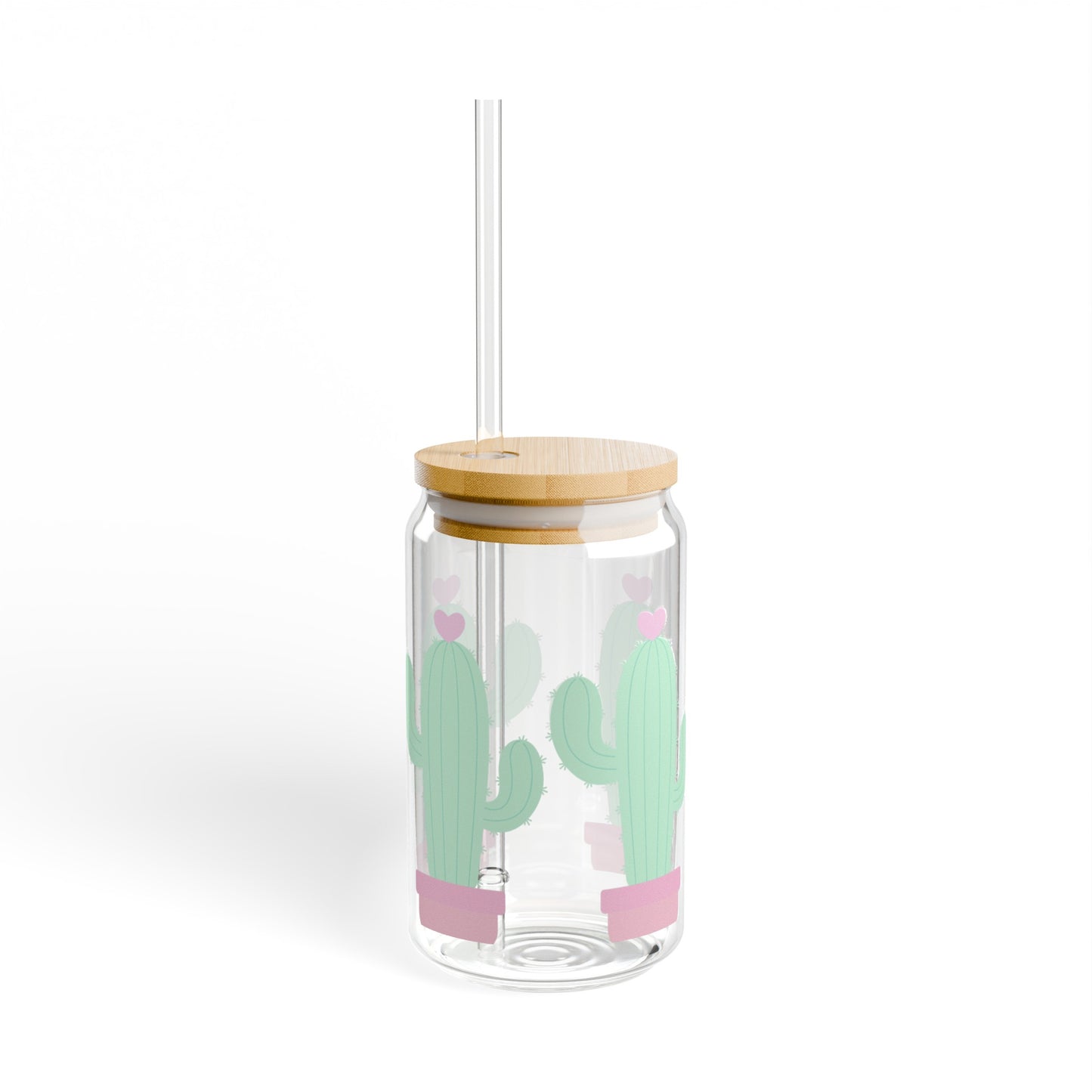 Cactus Heart 16oz Glass Can with Lid and Straw
