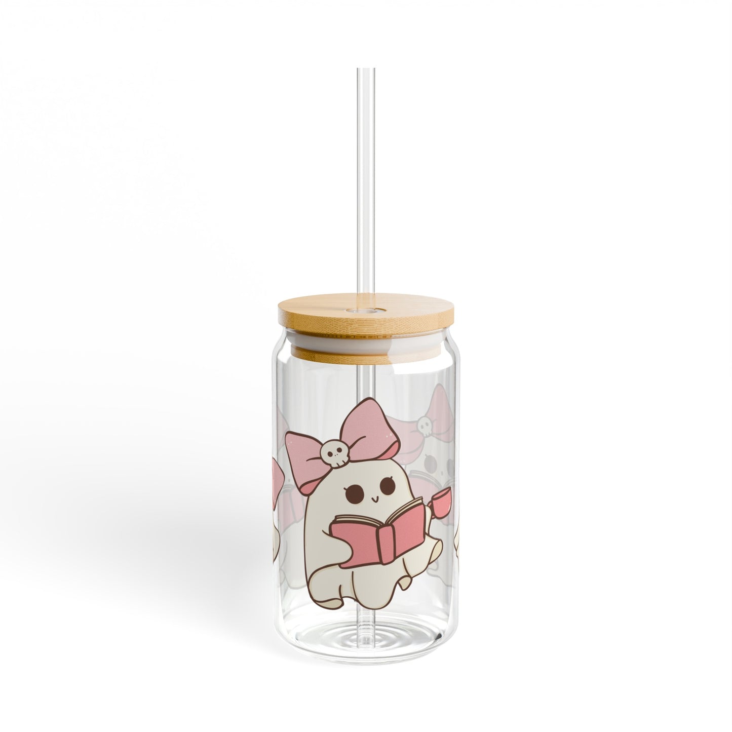 Pink Book Ghost 16oz Glass Can with Lid and Straw