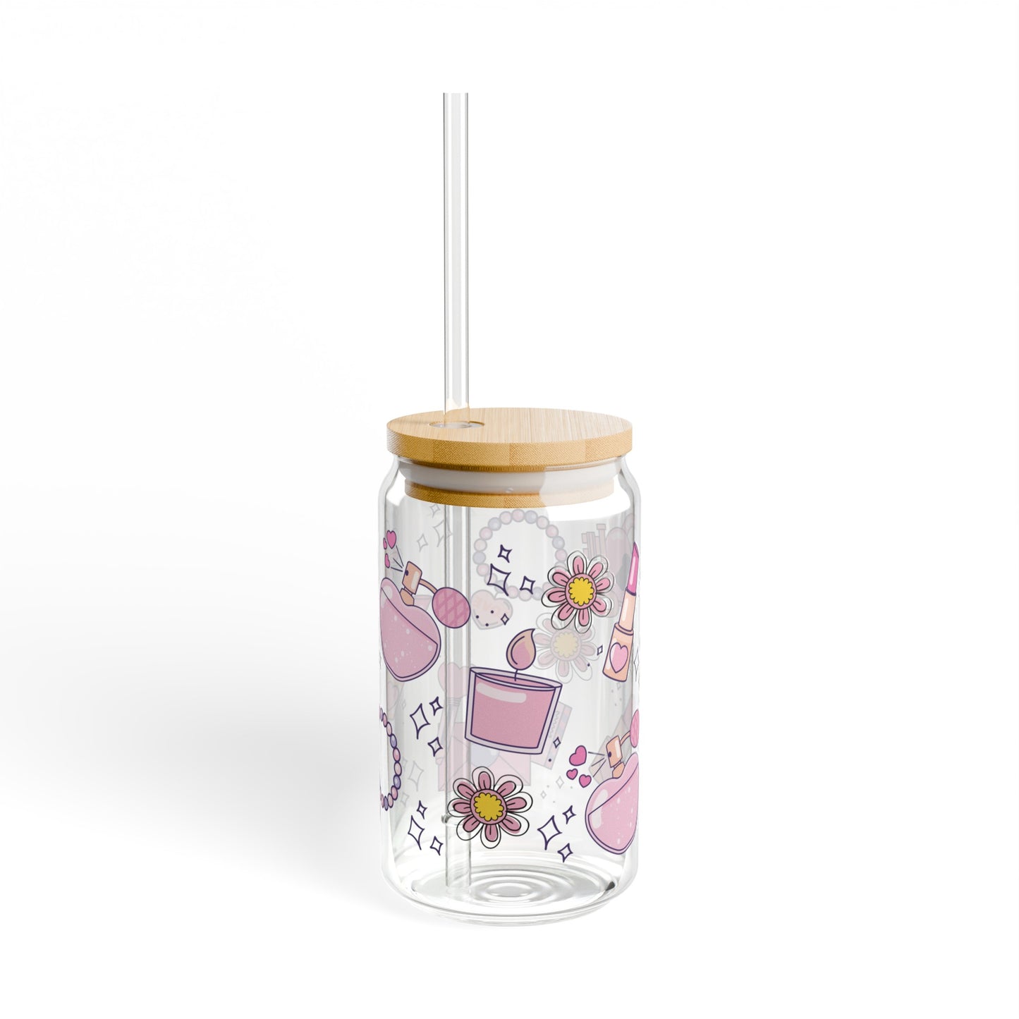 Girly Love 16oz Glass Can with Lid and Straw
