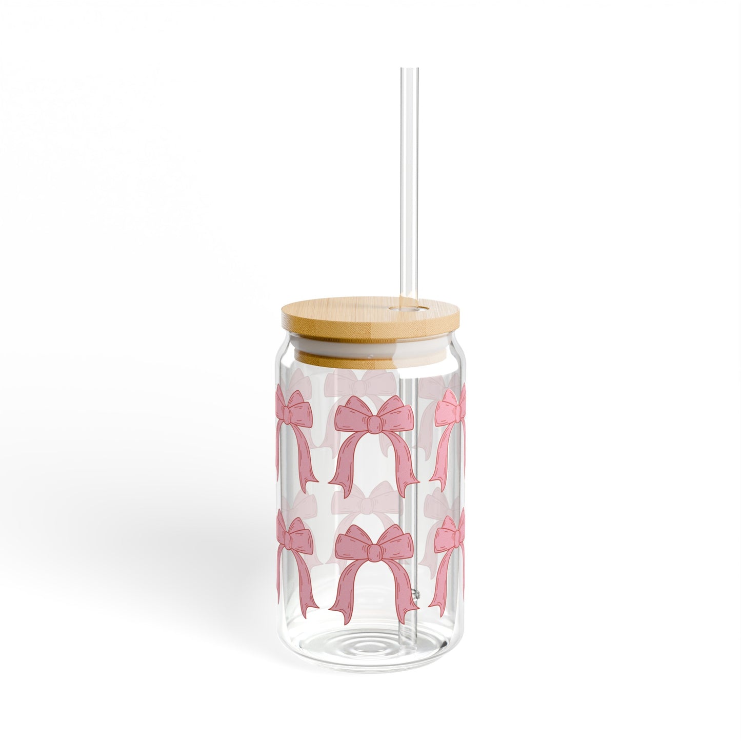 Pink Bow Wrap Around 16oz Glass Can with Lid and Straw