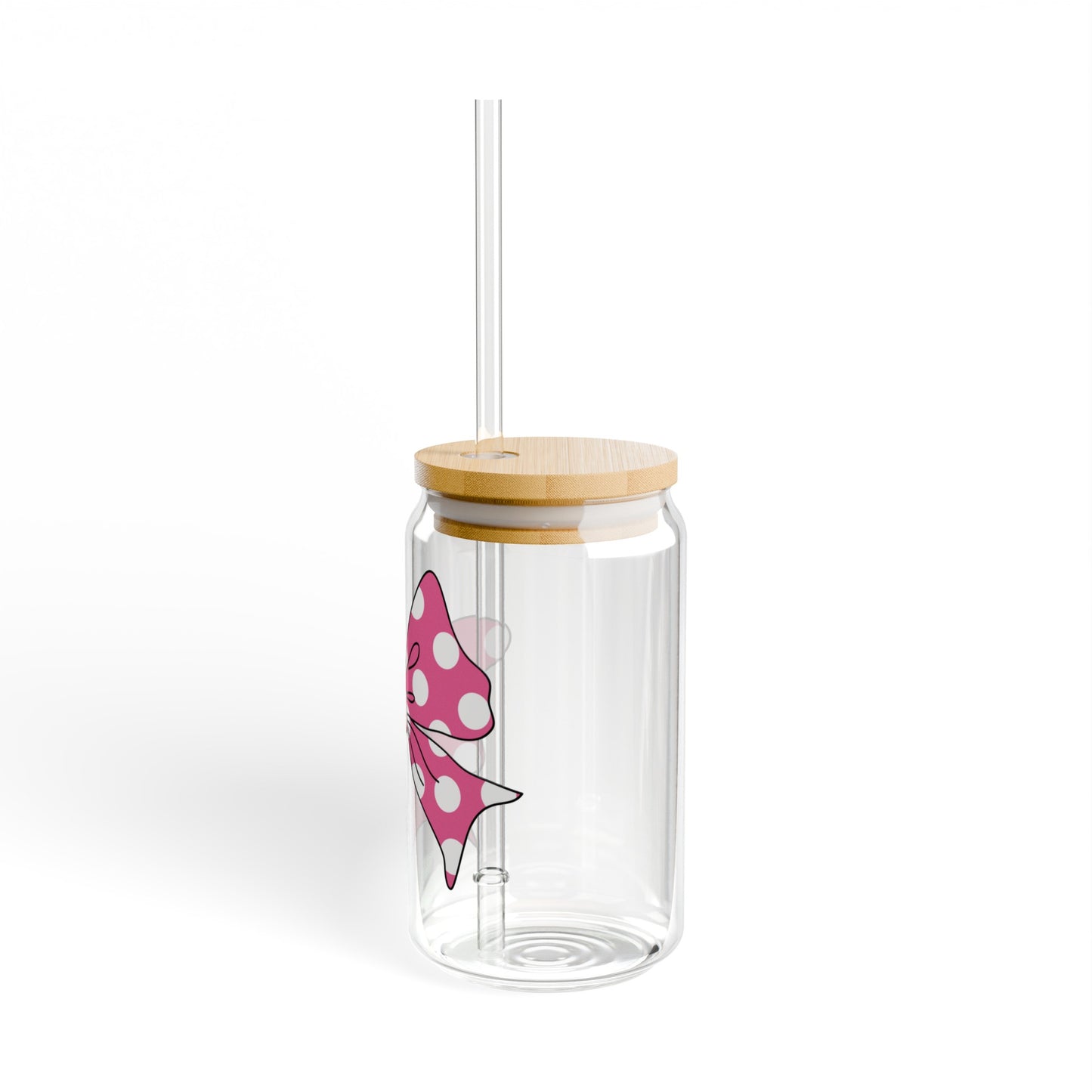 Pink Polka Dot Bow 16oz Glass Can with Lid and Straw