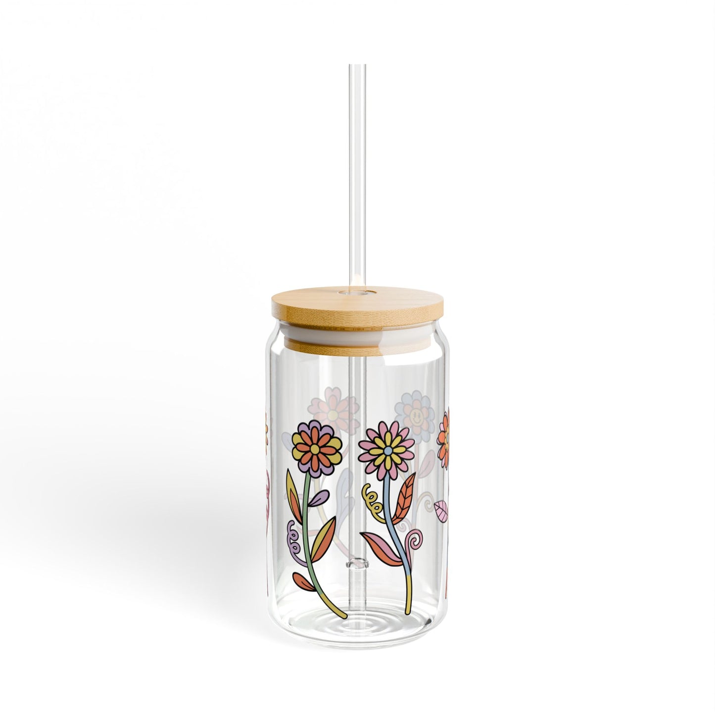 Cute Flower 16oz Glass Can with Lid and Straw