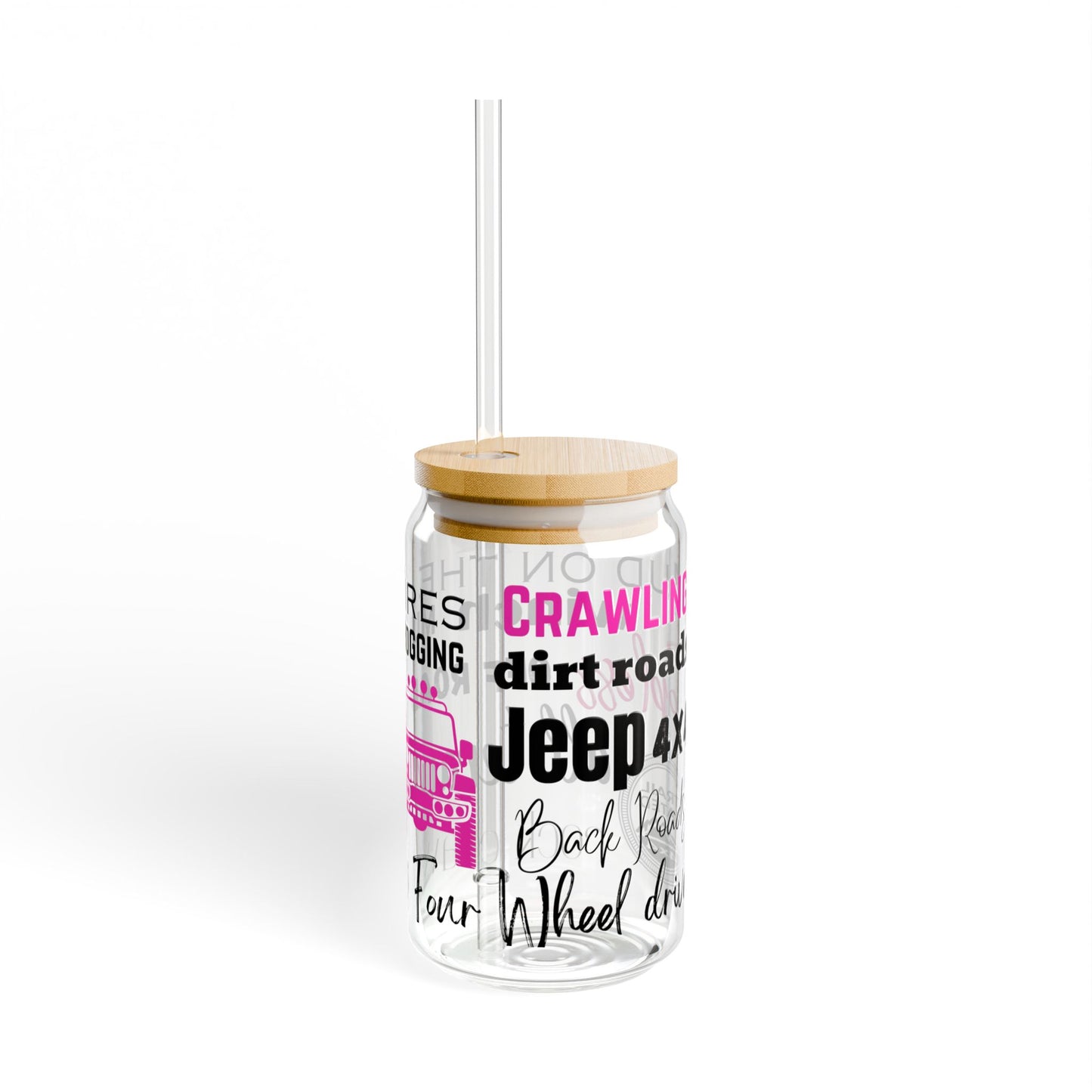 Pink Off Road 16oz Glass Can with Lid and Straw