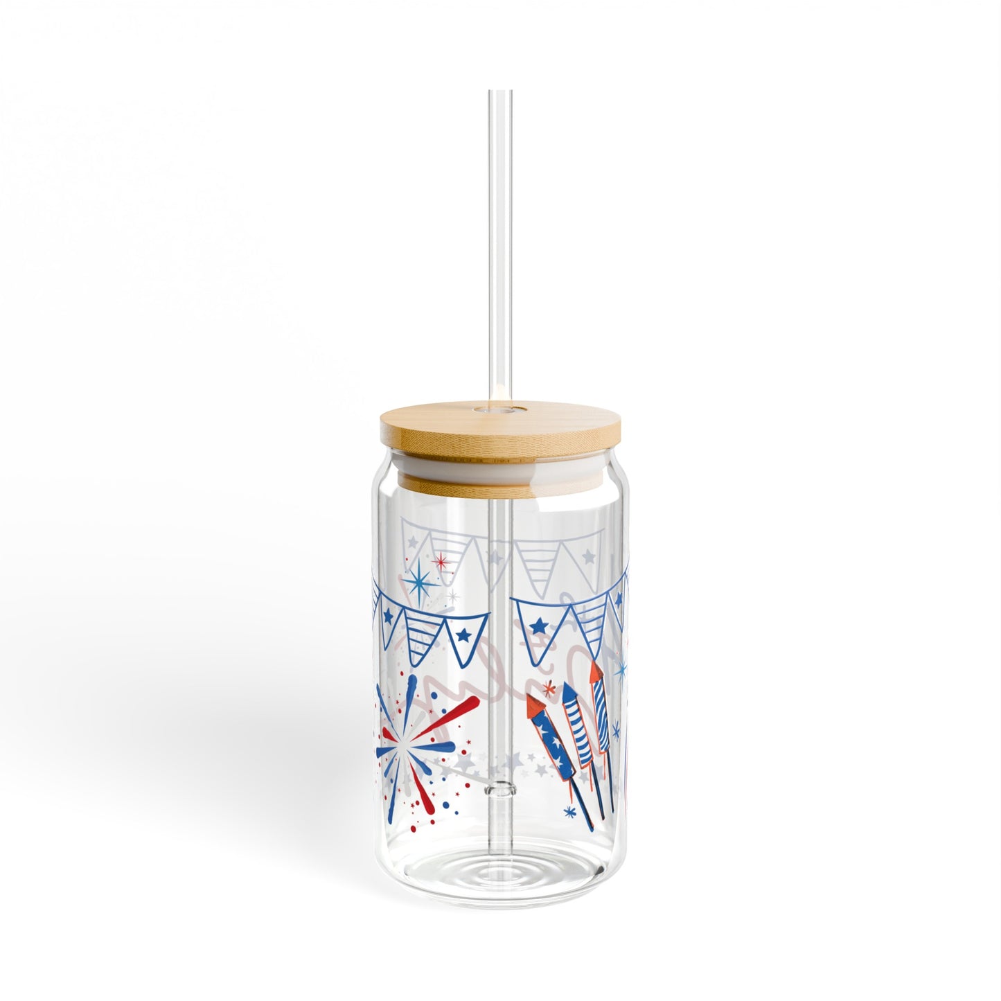 Forth of July Road 16oz Glass Can with Lid and Straw