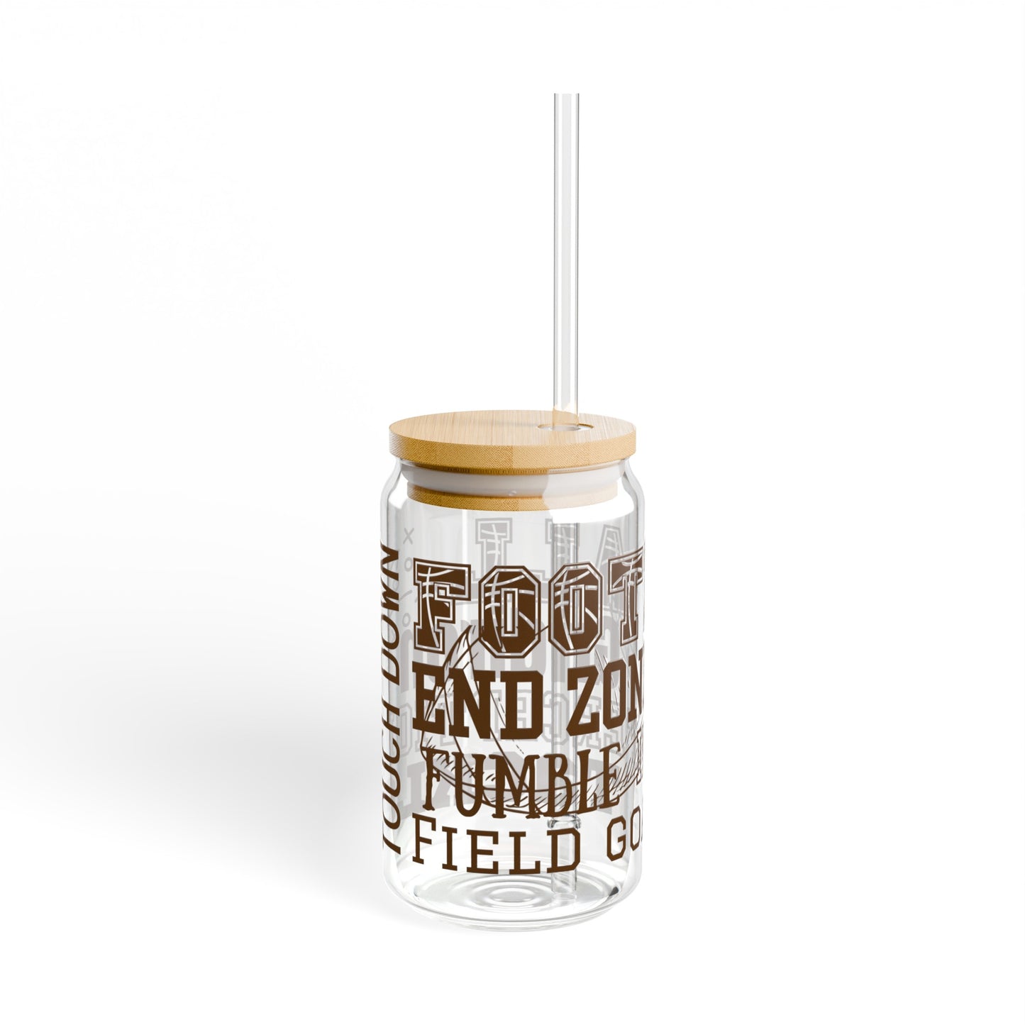 Football 16oz Glass Can with Lid and Straw