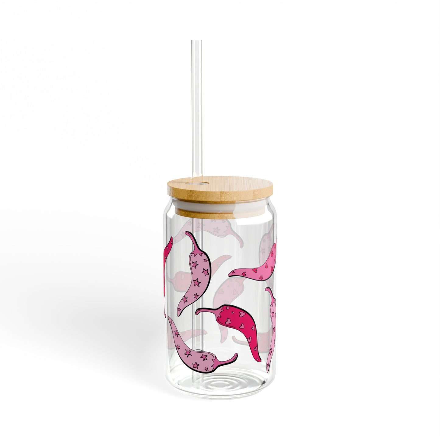 Pink Chili Peppers 16oz Glass Can with Lid and Straw